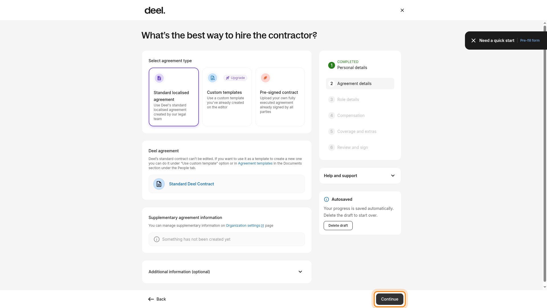 Select Standard localised agreement
