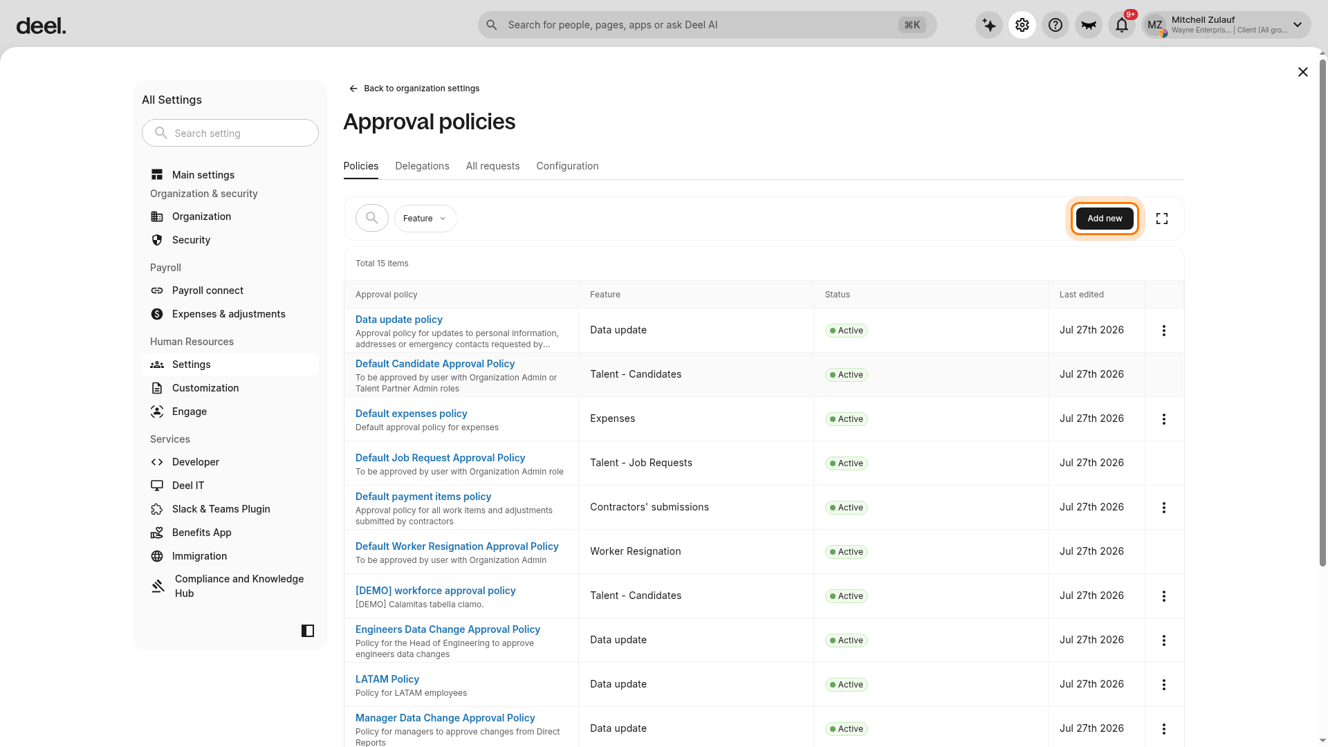 Add new button on the Approval policies page