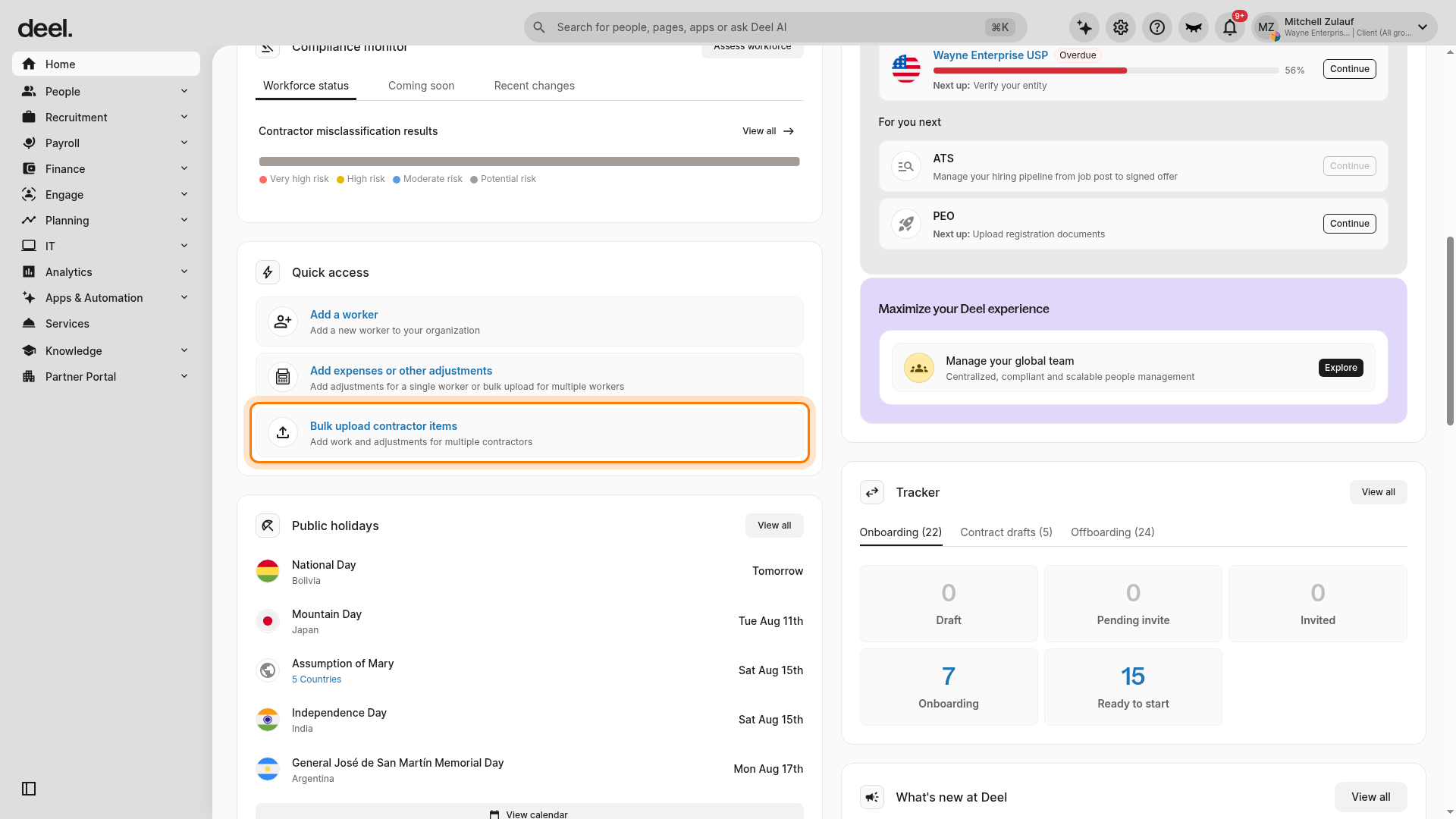 Bulk upload contractor items in Quick access