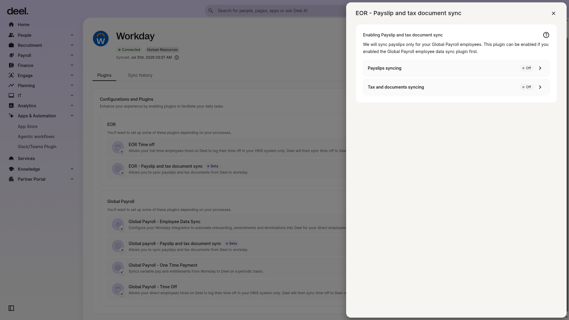 Configuration drawer for EOR - Payslip and tax document sync plugin