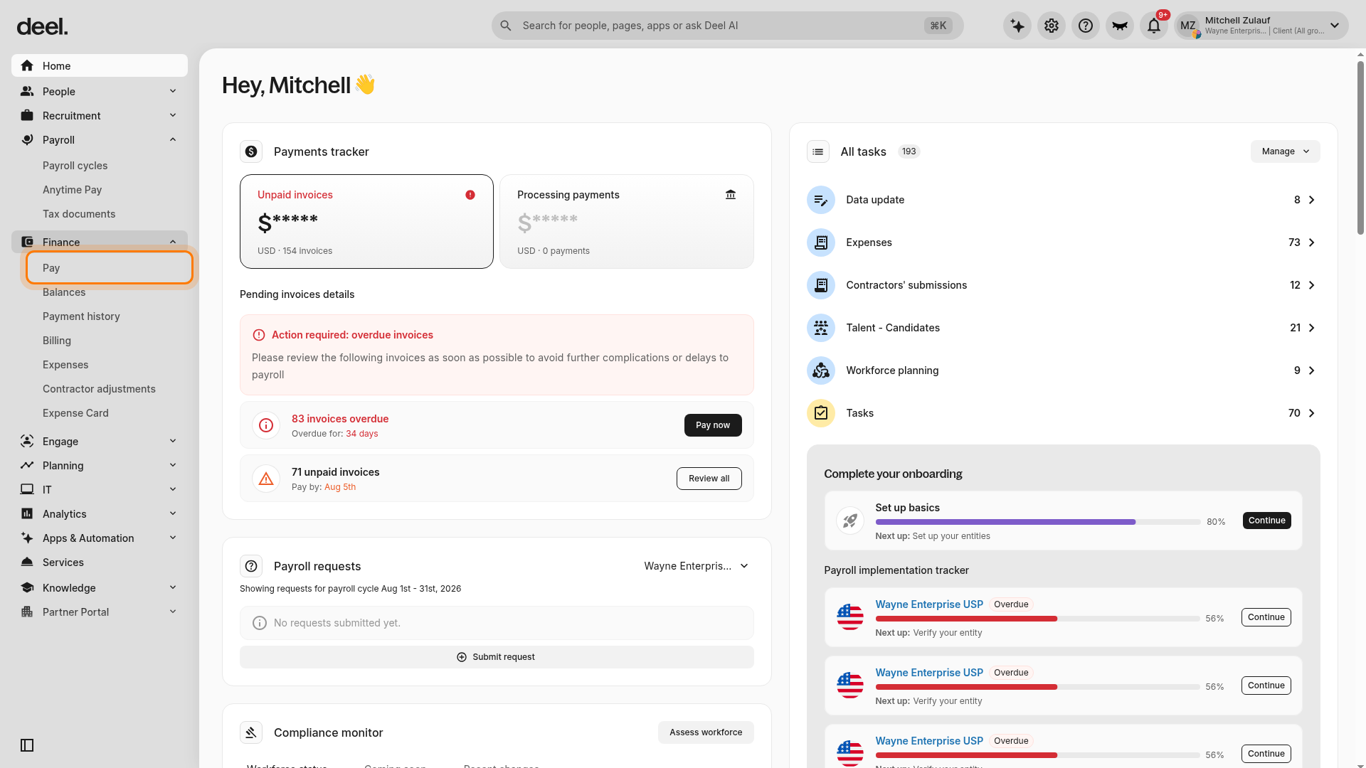 Finance menu with Pay selected
