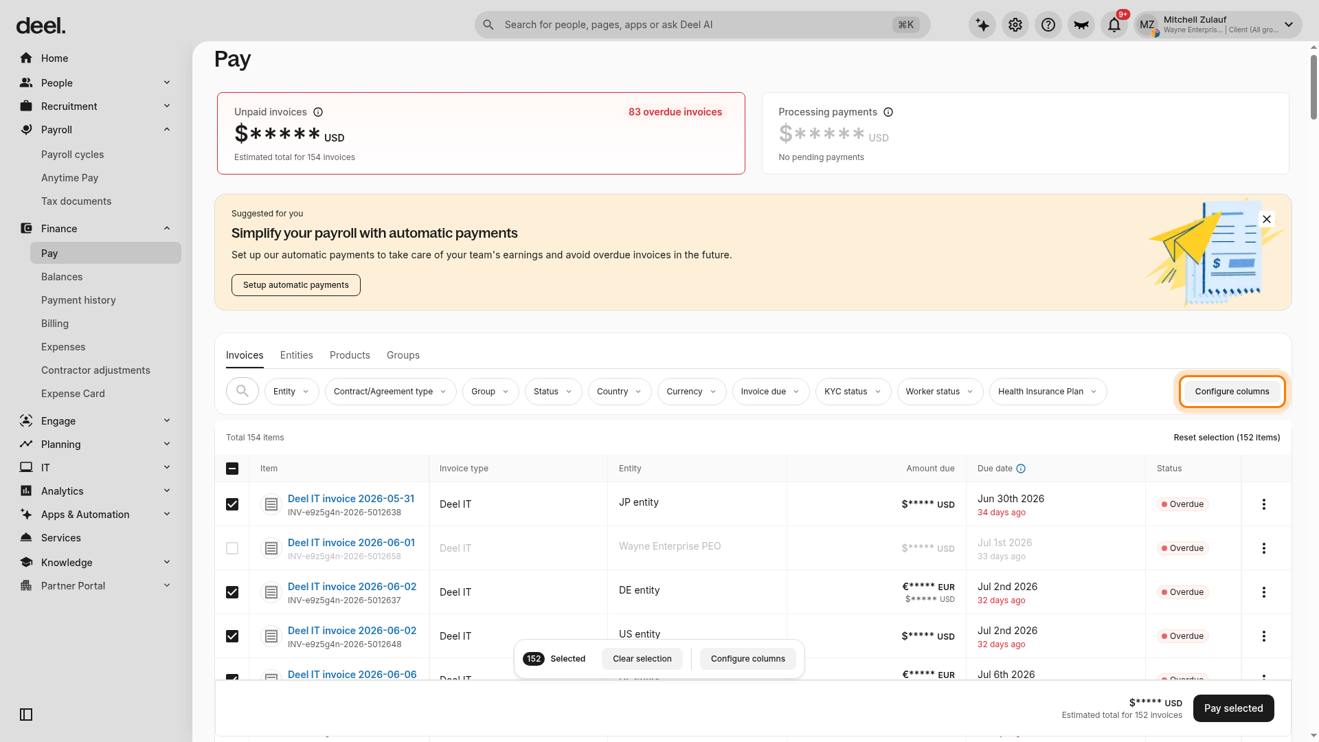 Invoices table on the Pay page