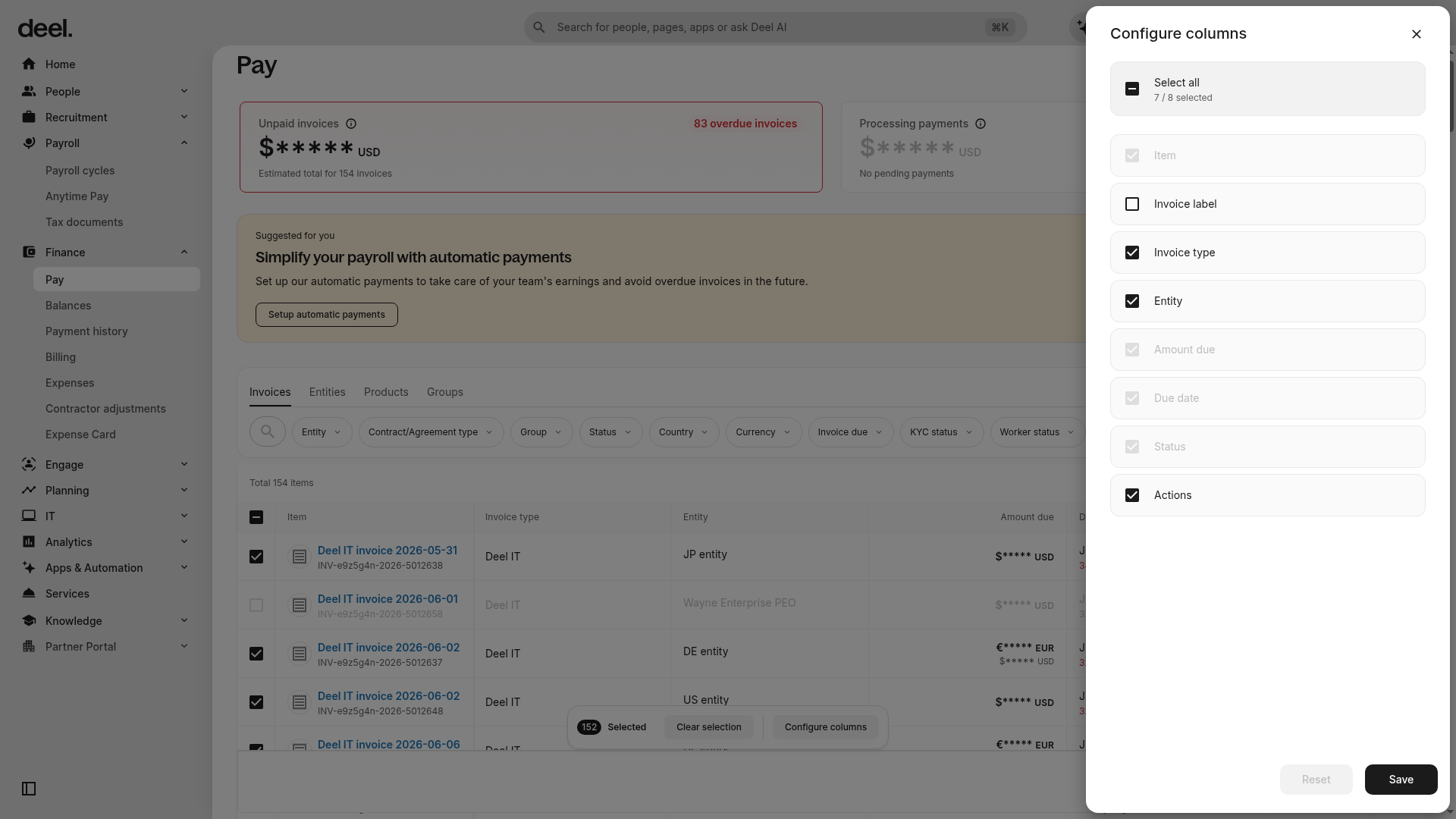 Configure columns panel
