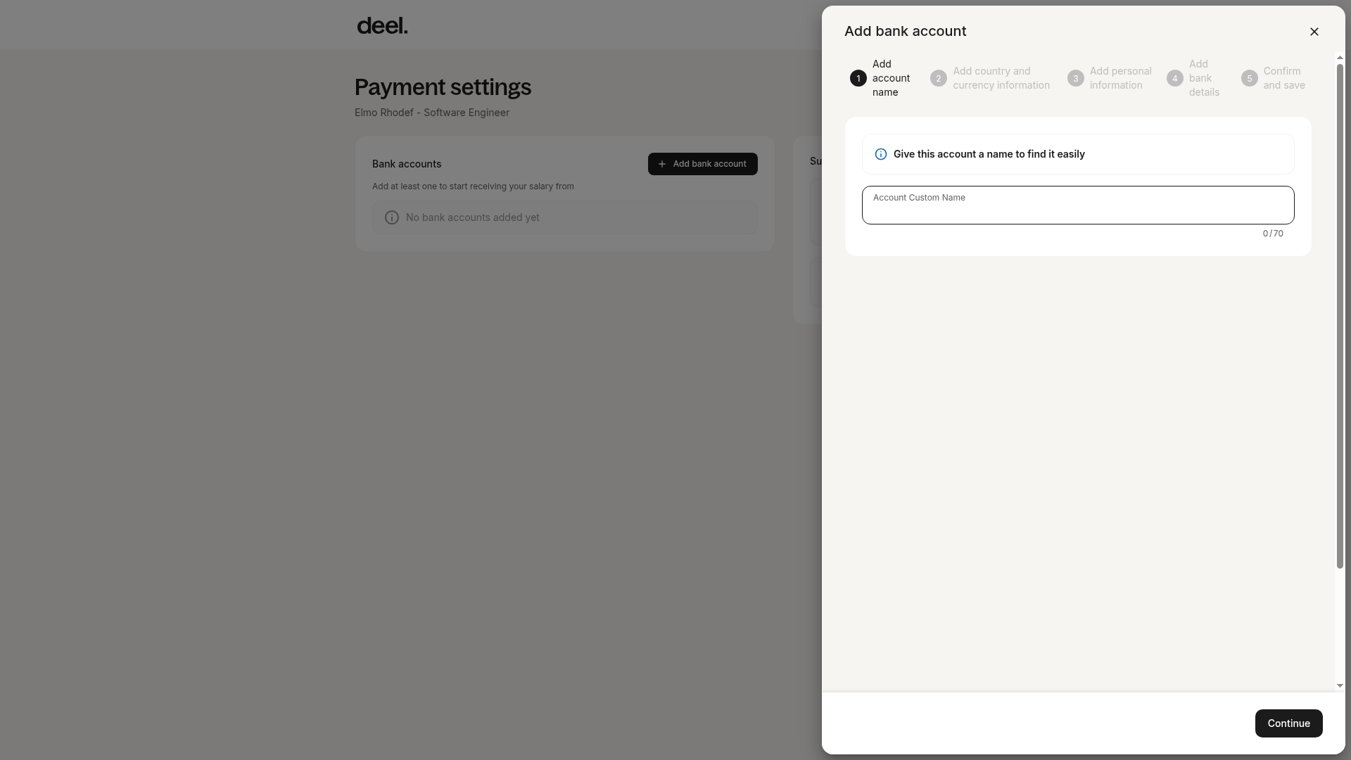 Add bank account side panel