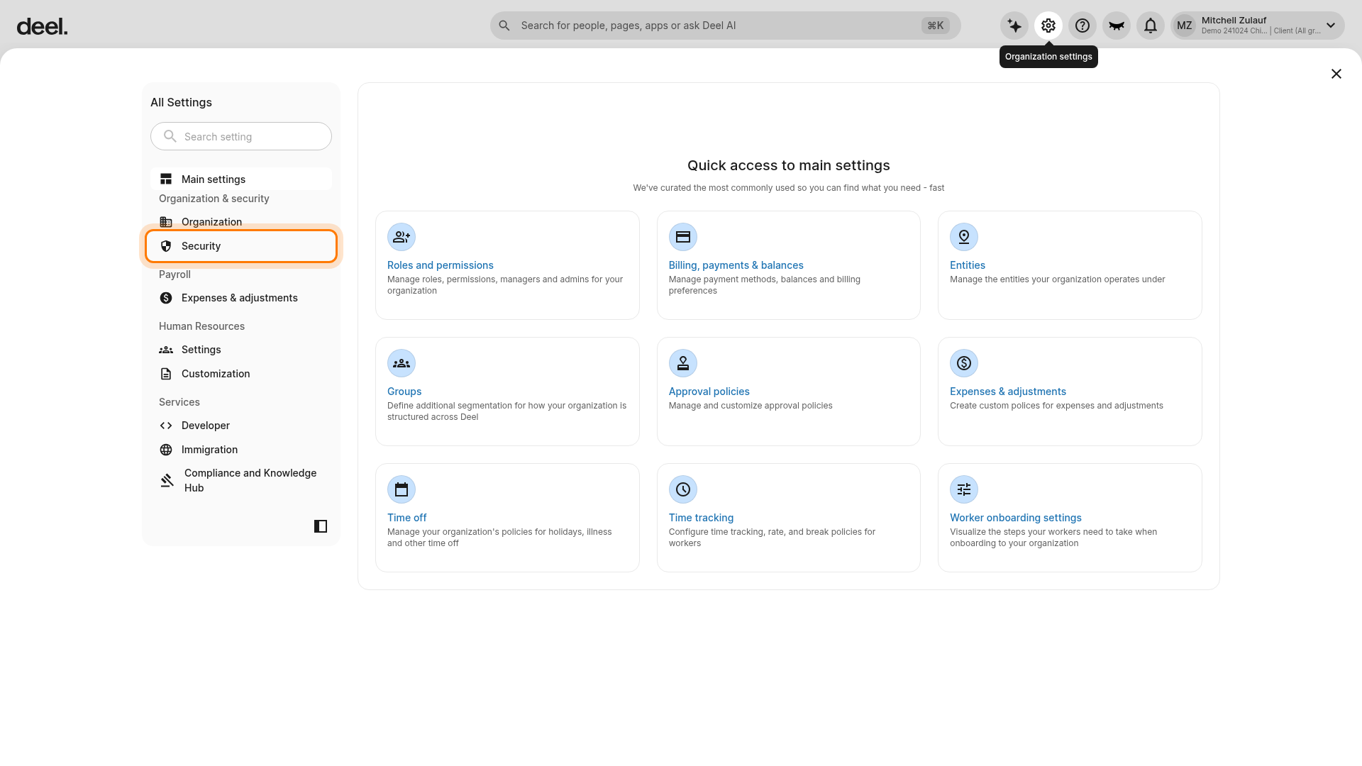 Security settings section
