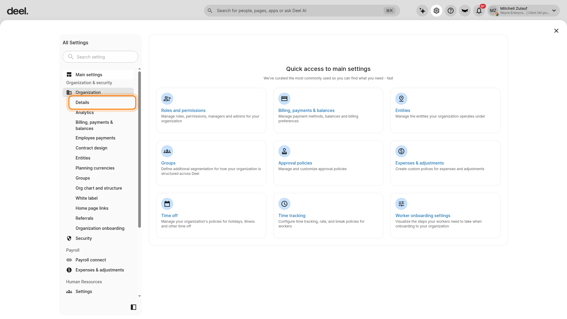 Organization menu in All Settings