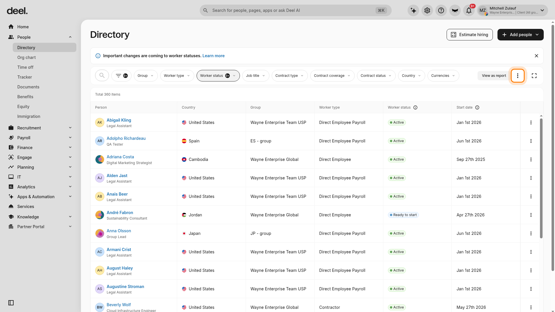 Directory actions menu