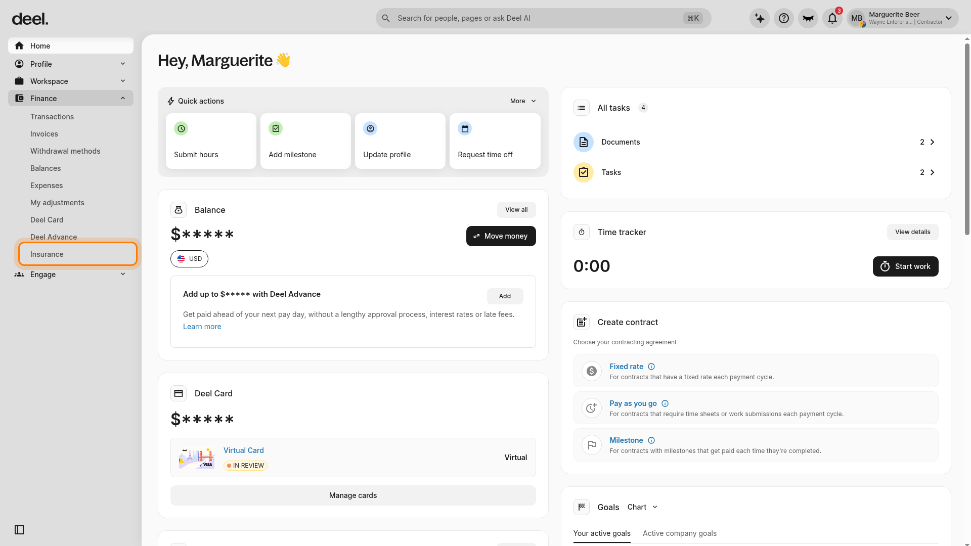 Select Insurance from the Finance submenu