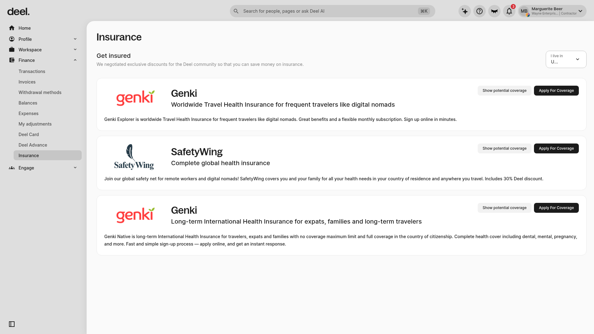 Insurance marketplace with location selector and provider cards