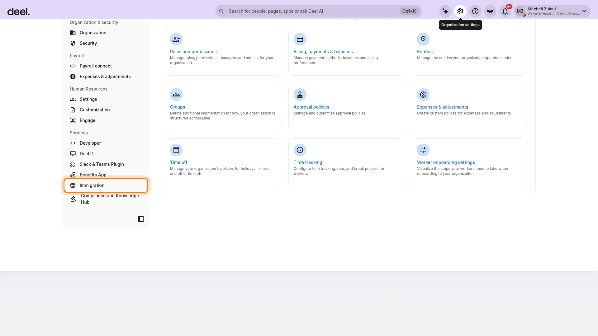 Organization settings Services menu