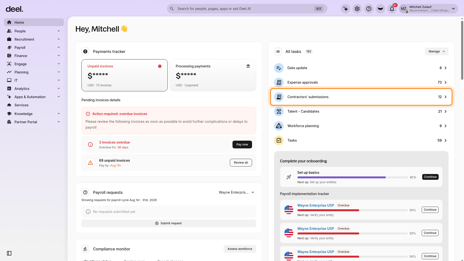 Home dashboard with the Contractors' submissions row highlighted in the All tasks panel