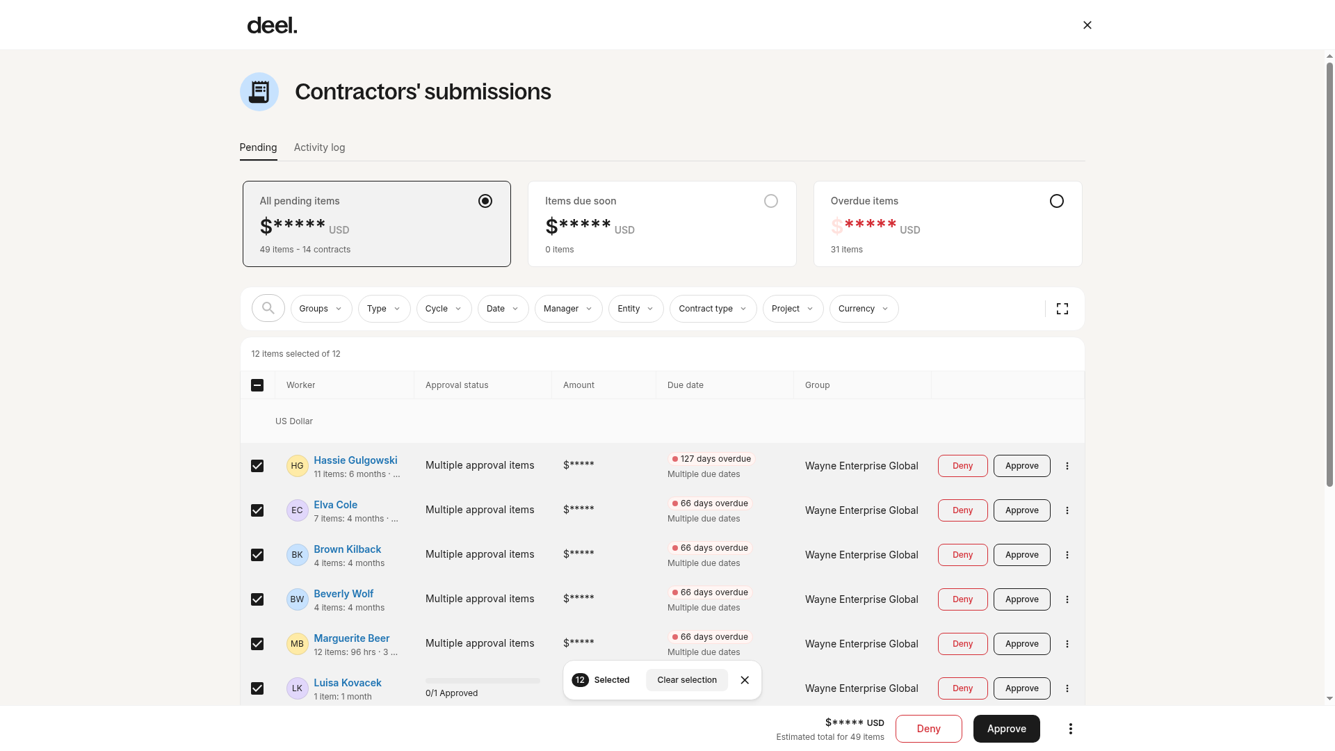 Contractors' submissions page with the Pending tab selected and a list of pending approval items