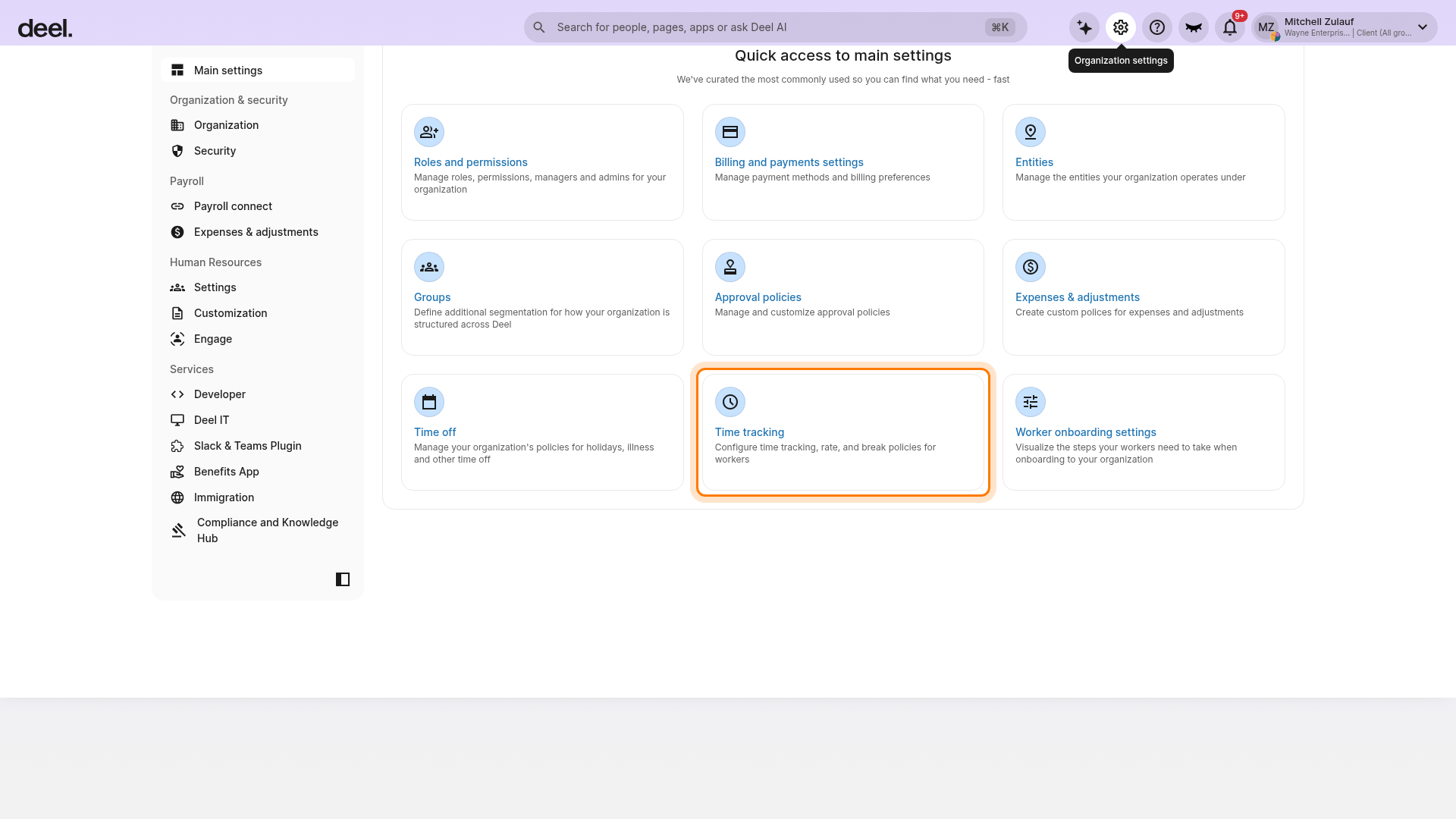 Organization settings page showing the Time tracking quick-access card highlighted