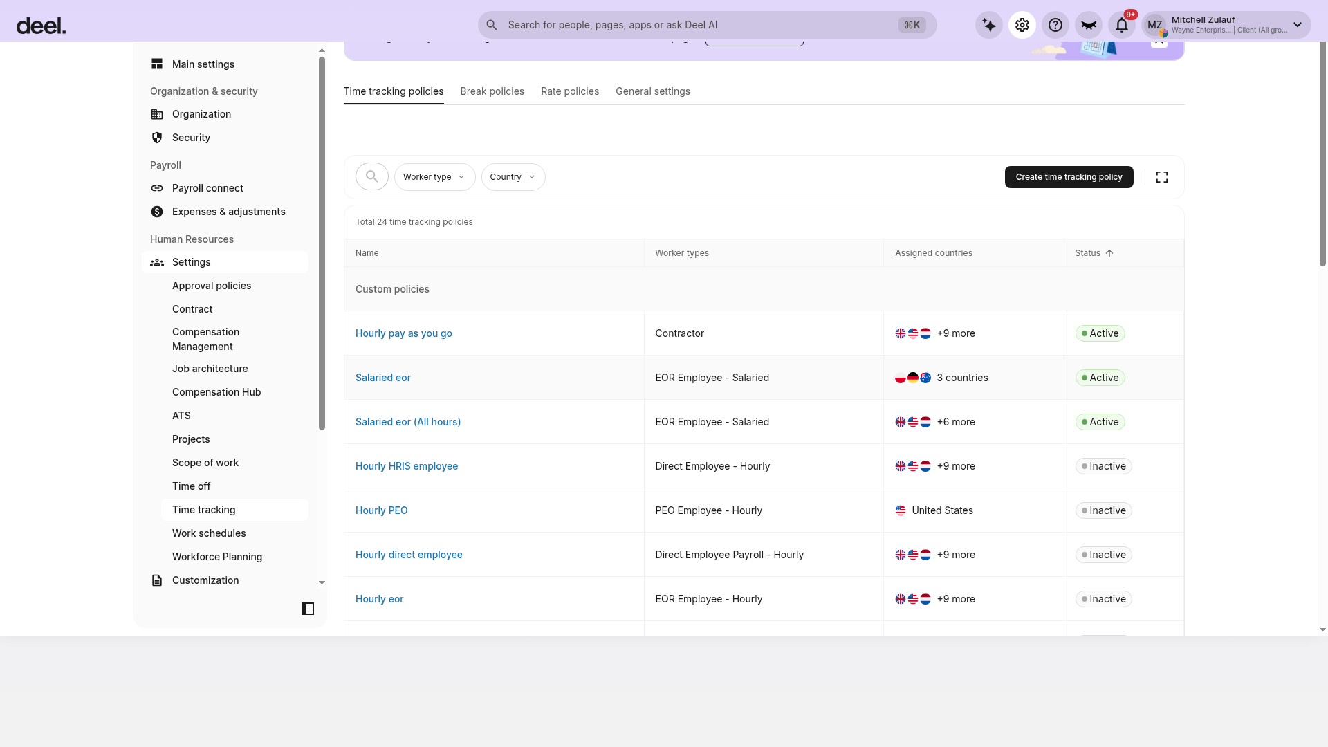 Time tracking settings page with the Time tracking policies tab and policy list visible