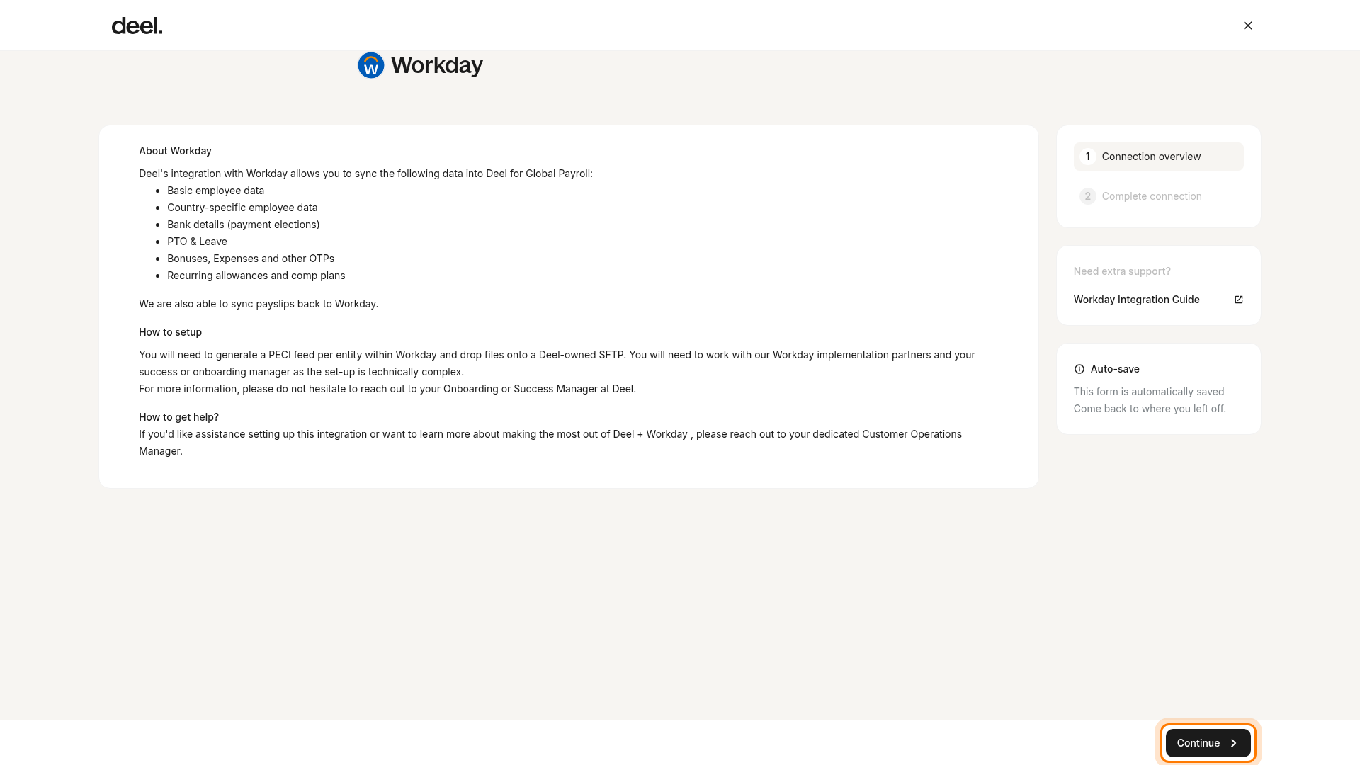 Workday integration page with Connect Workday button
