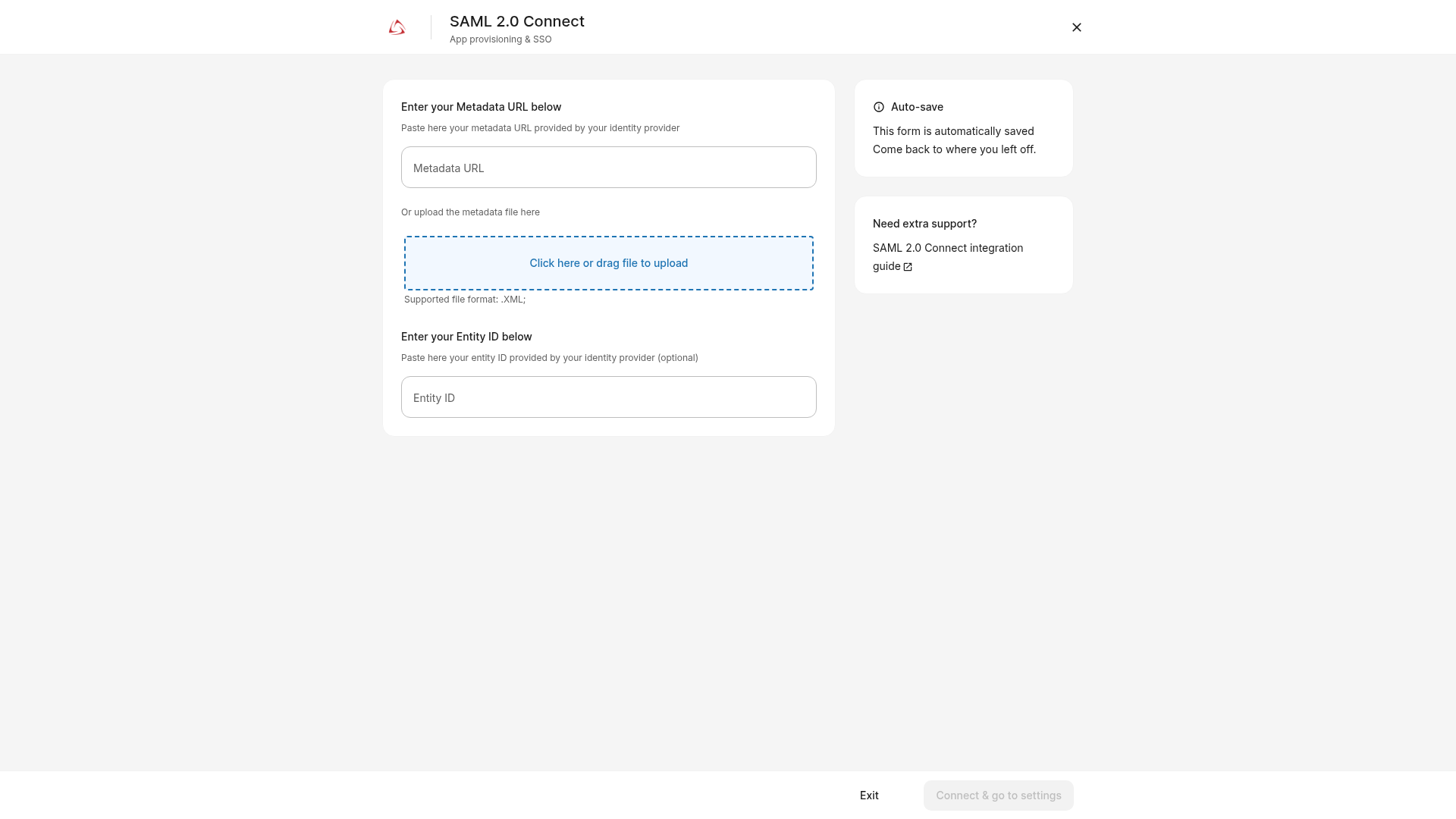 SAML 2.0 Connect configuration form