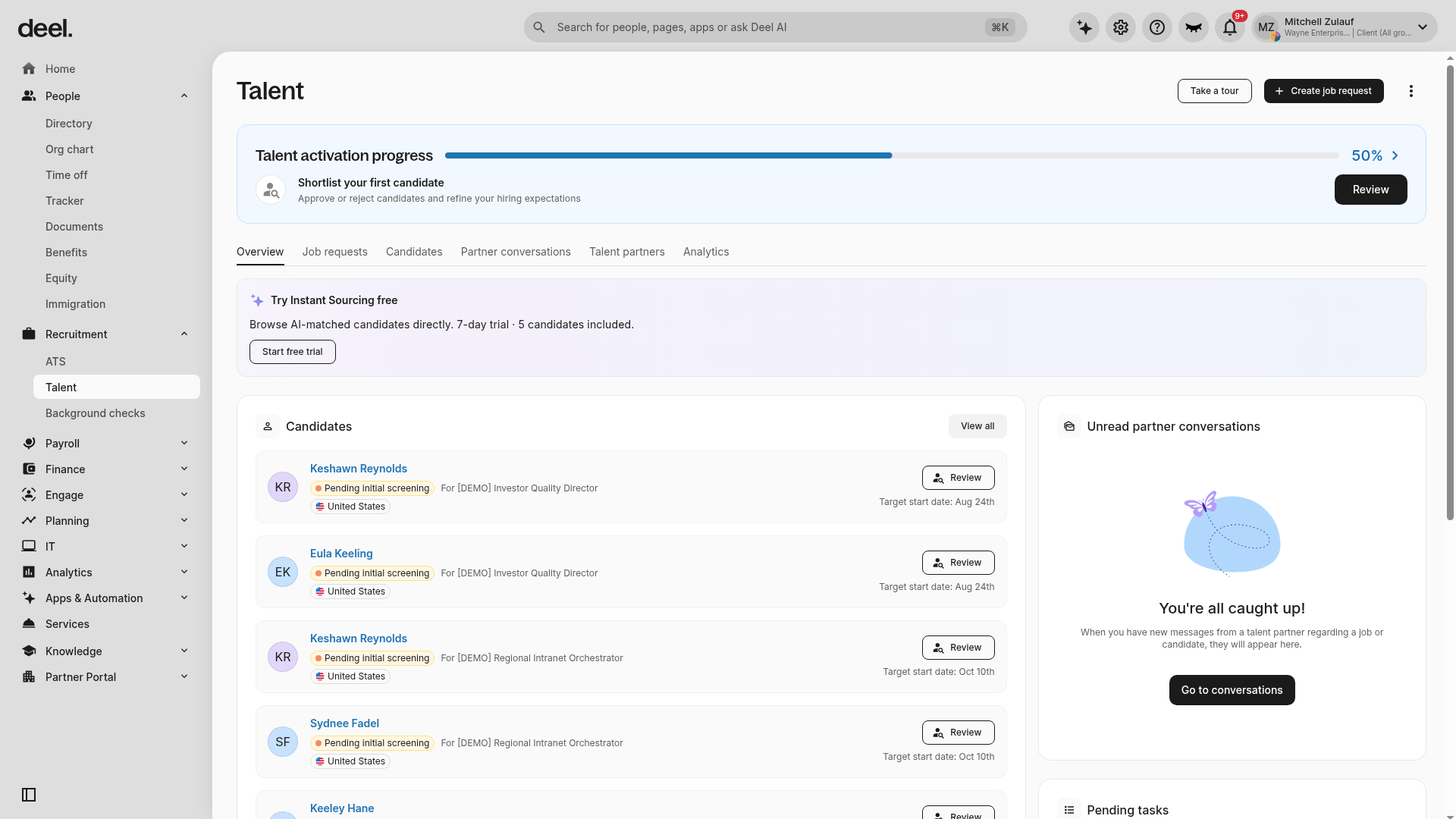 Pending tasks on the Talent Overview page