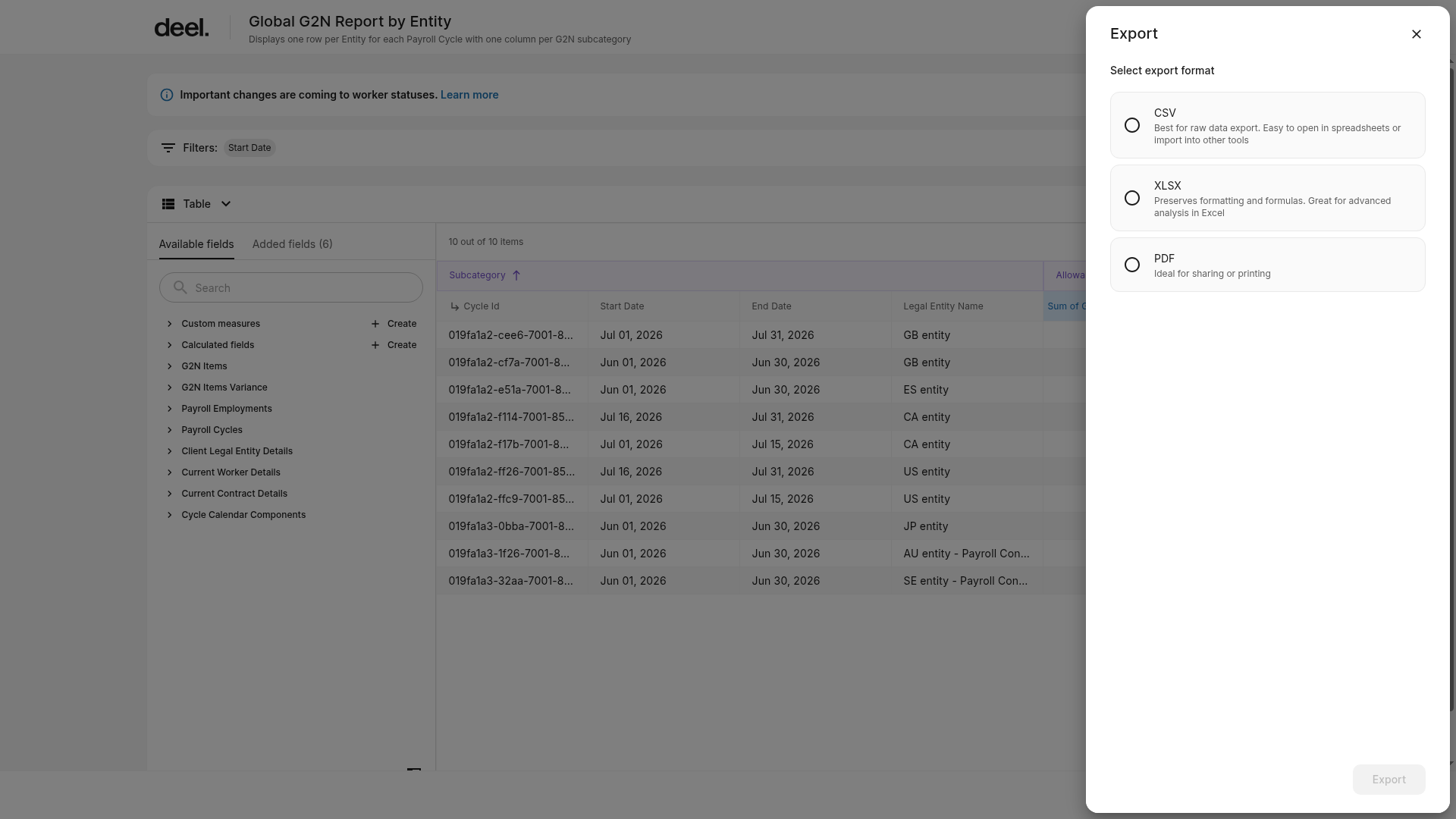 Export panel with available file formats