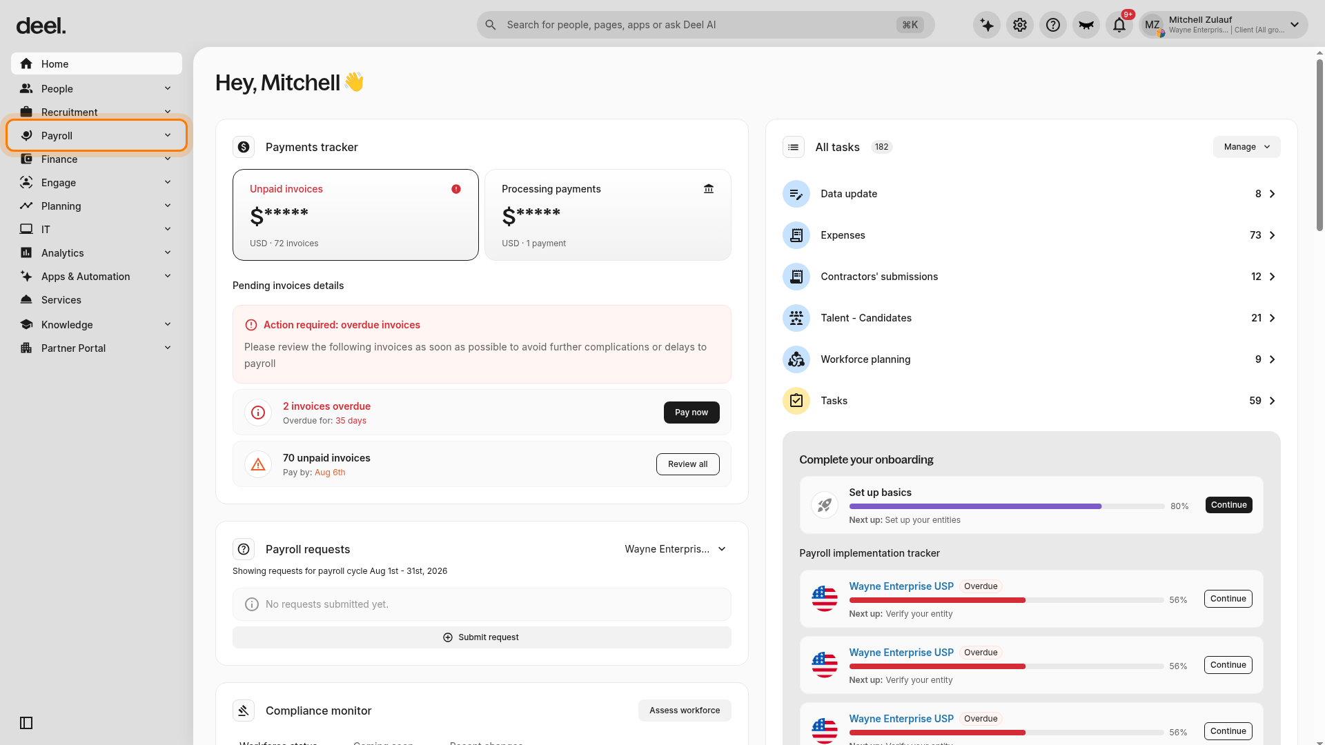 Payroll expanded in the Deel left sidebar