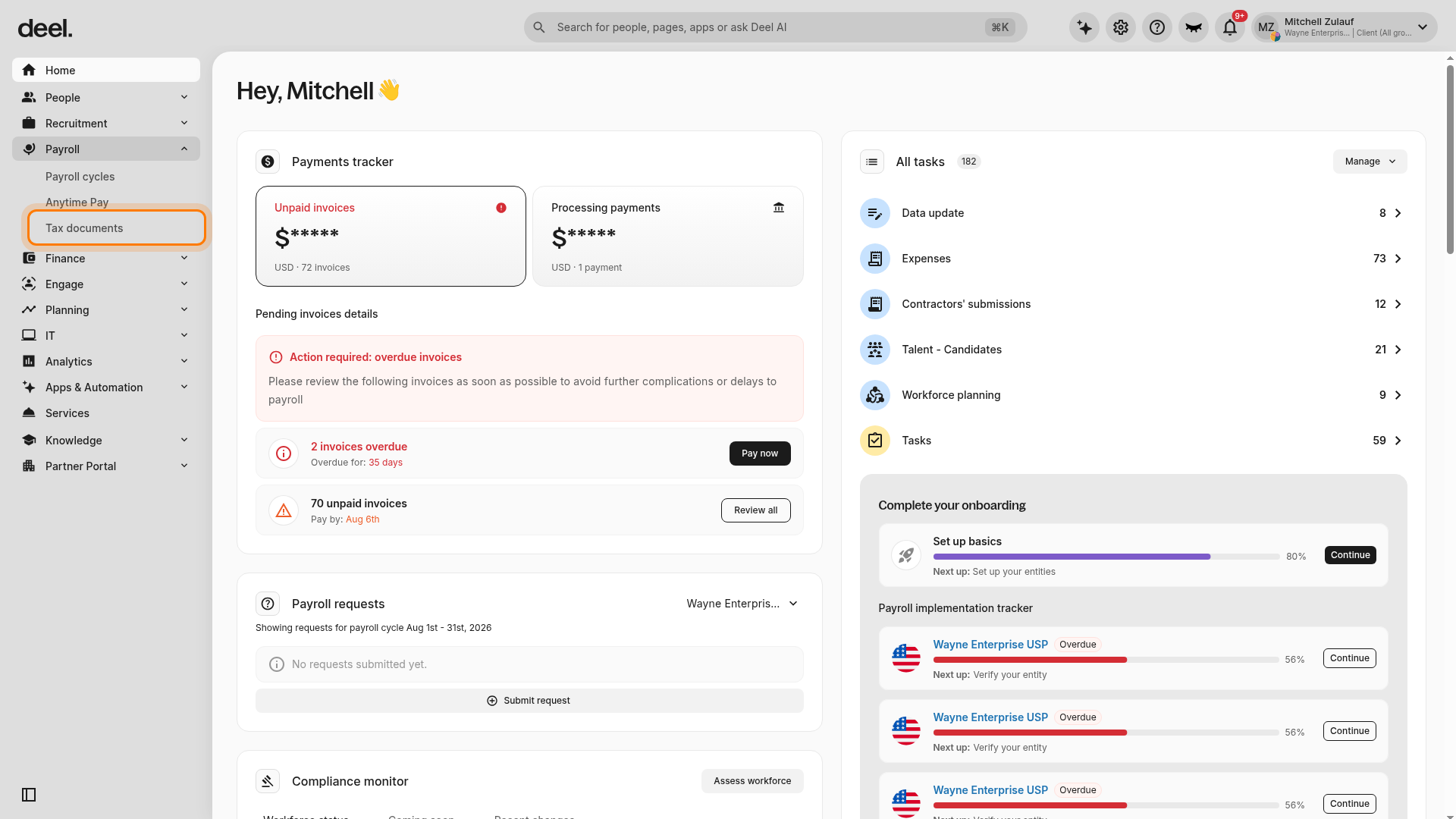 Tax documents selected in the Payroll submenu
