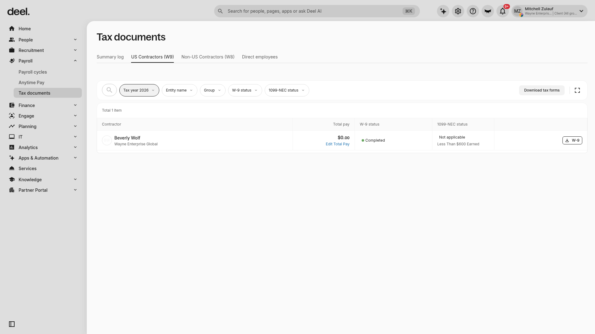 Tax documents page with the Summary log tab visible