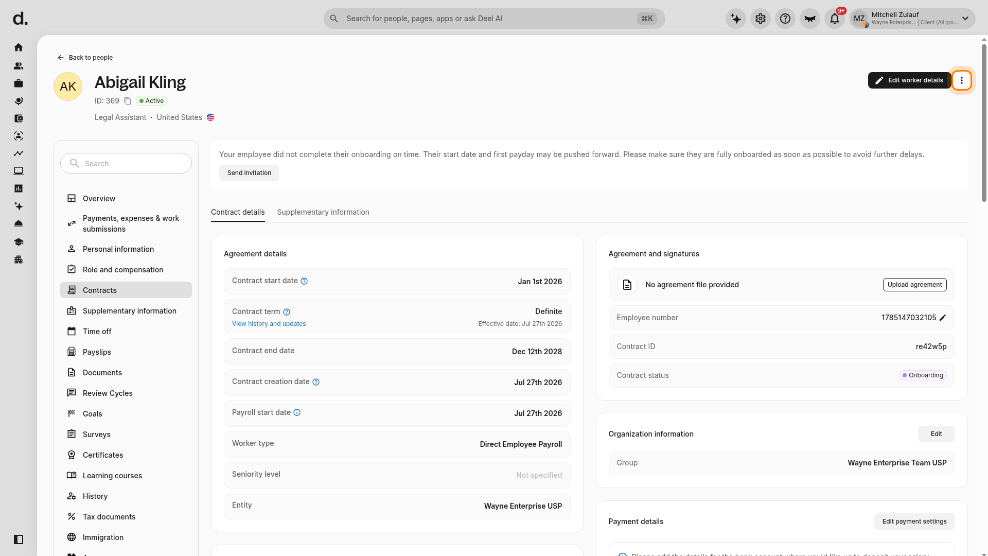 More actions menu on the Contracts page