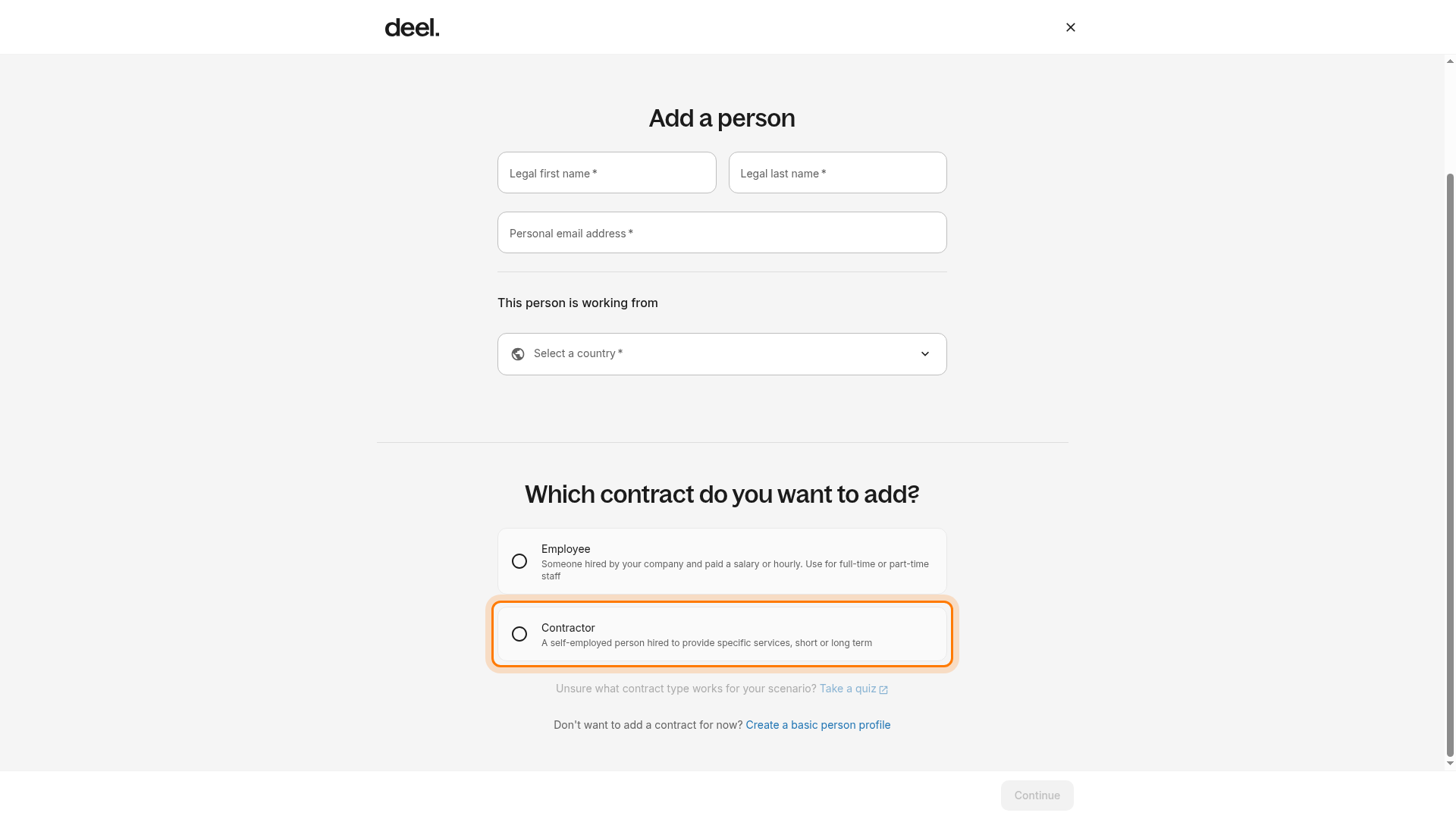 Contractor details and Contractor contract option on the Add a person page