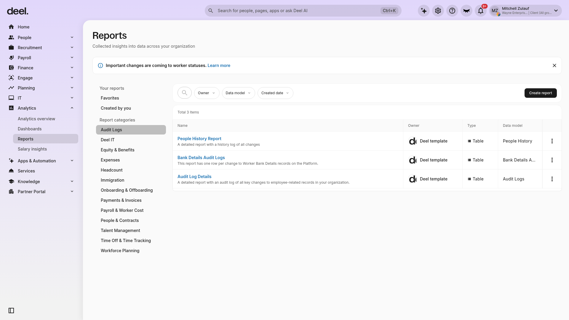 Reports page