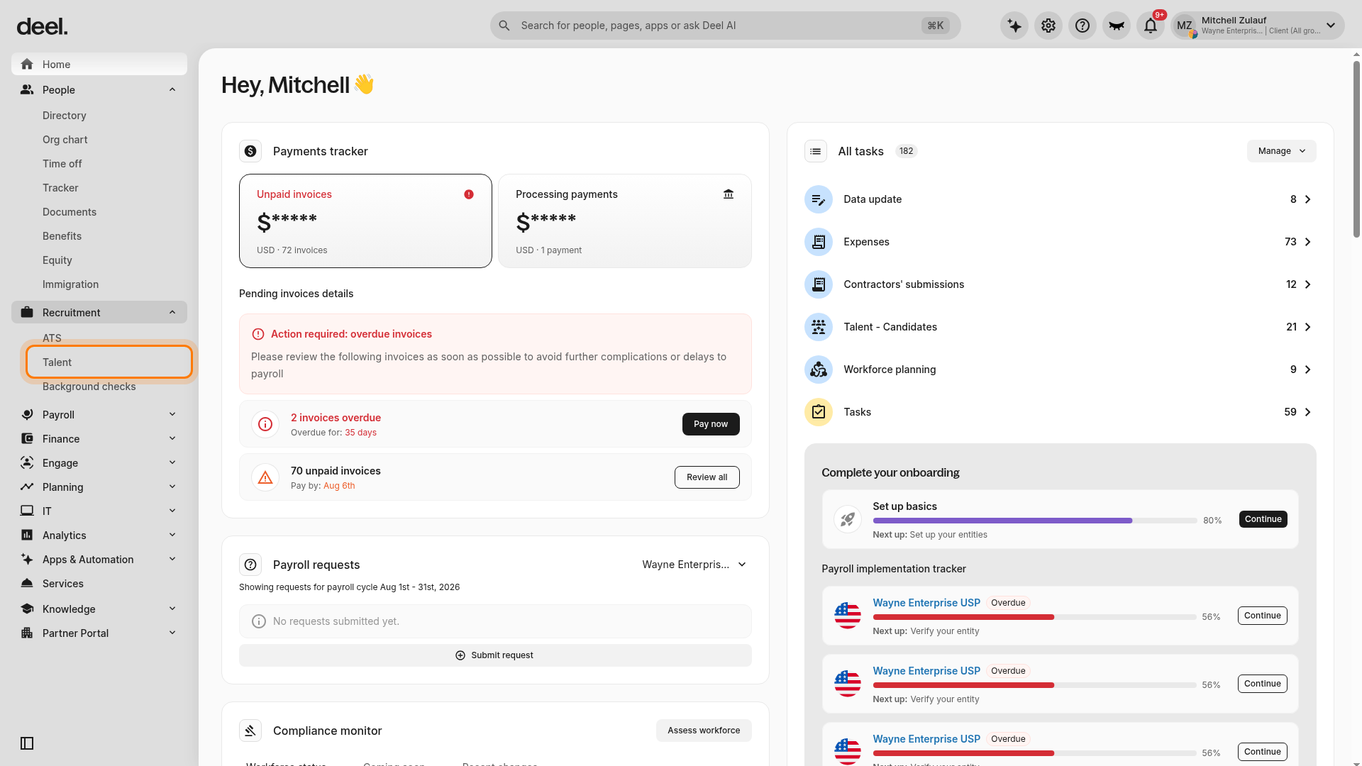 Talent workspace in the Recruitment section of the left sidebar