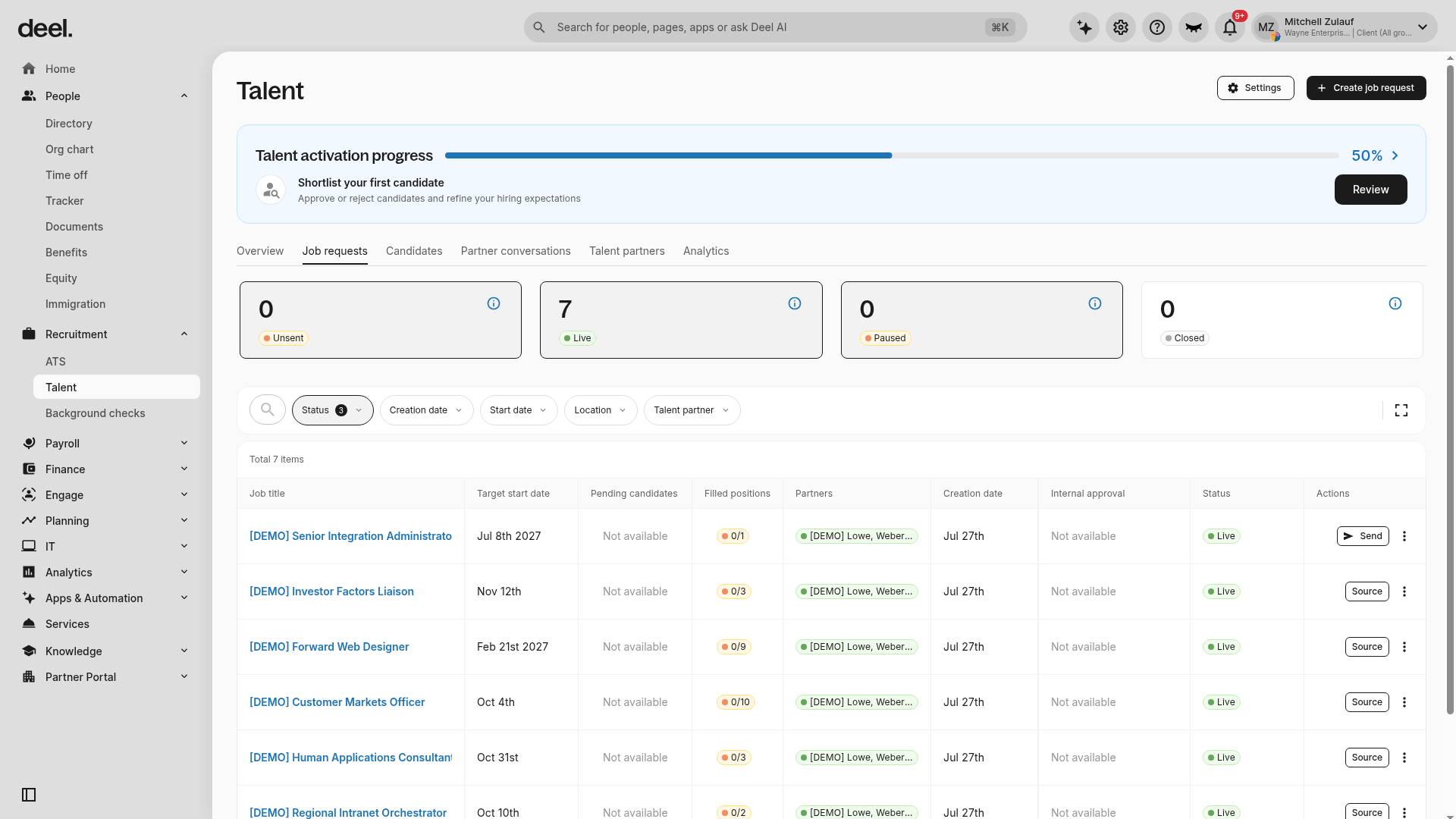 Loaded Job requests page with status cards and request table