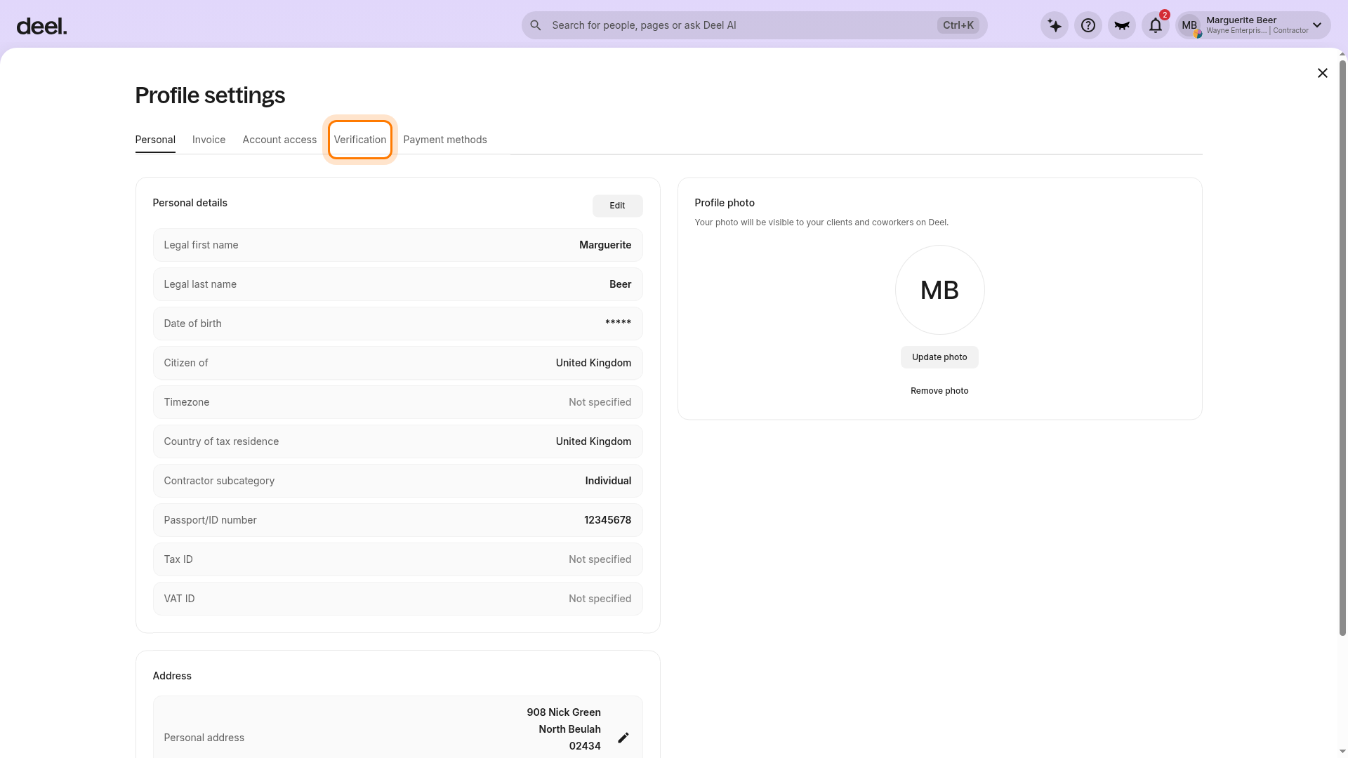 Profile settings with Verification tab