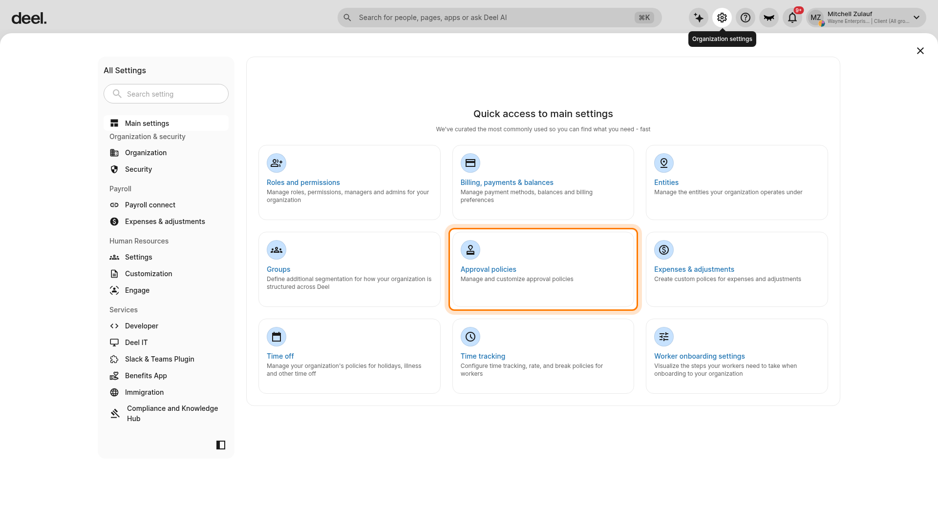 Approval policies card in Organization settings