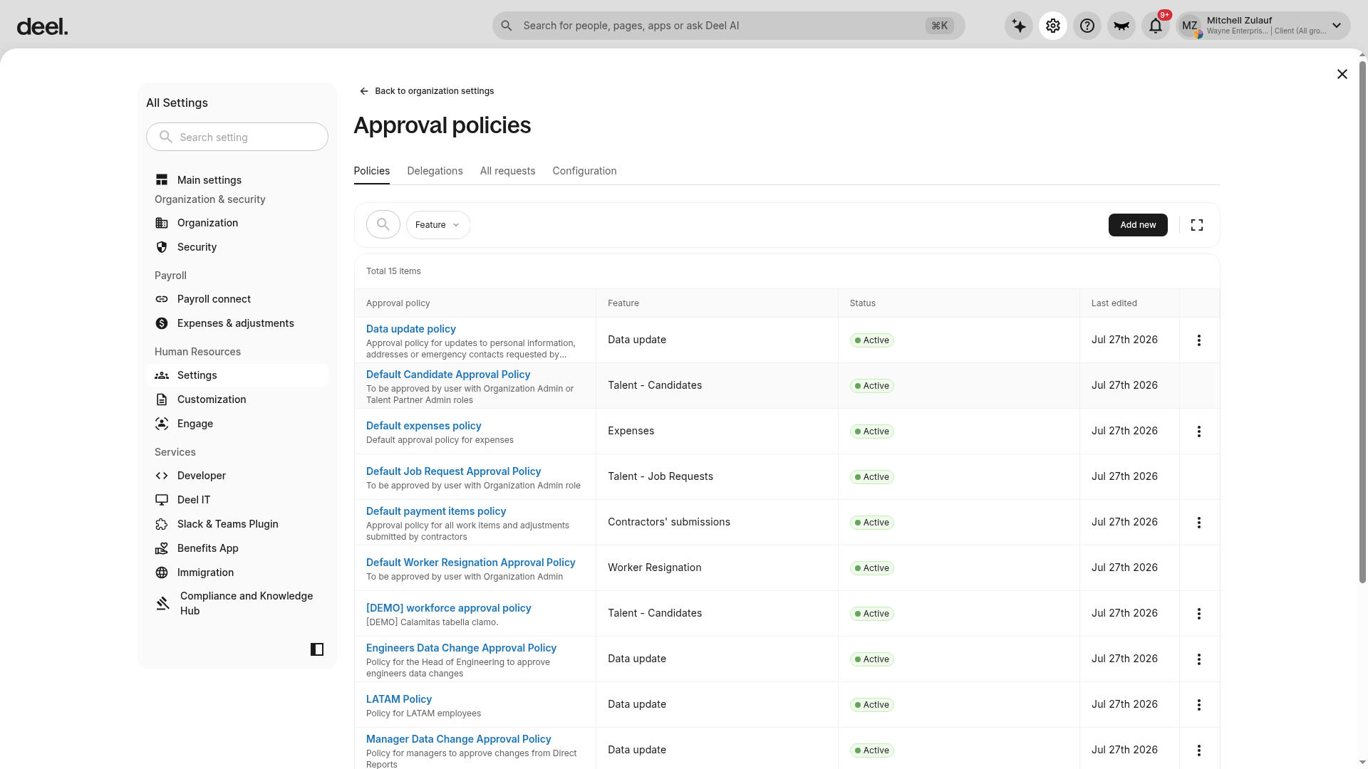 Approval policies page with the Policies tab selected
