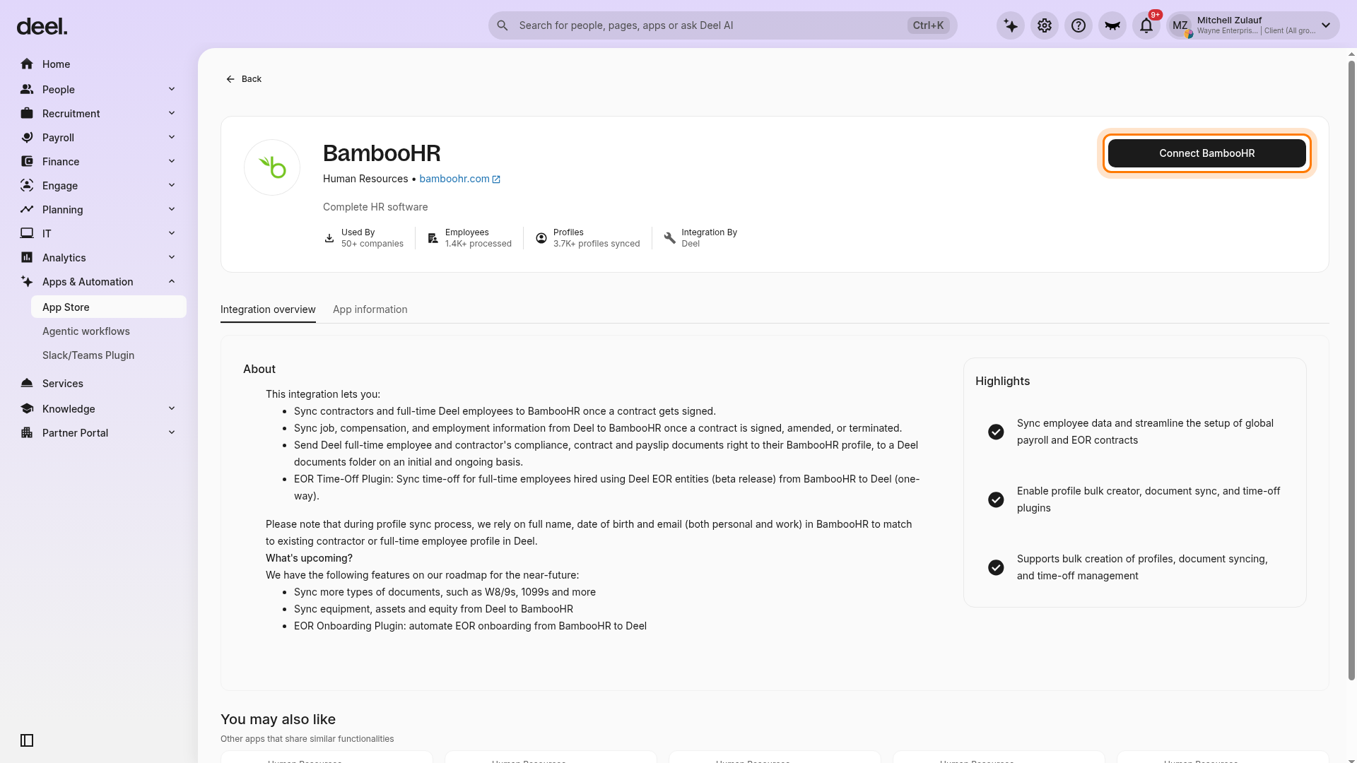 Connect BambooHR button