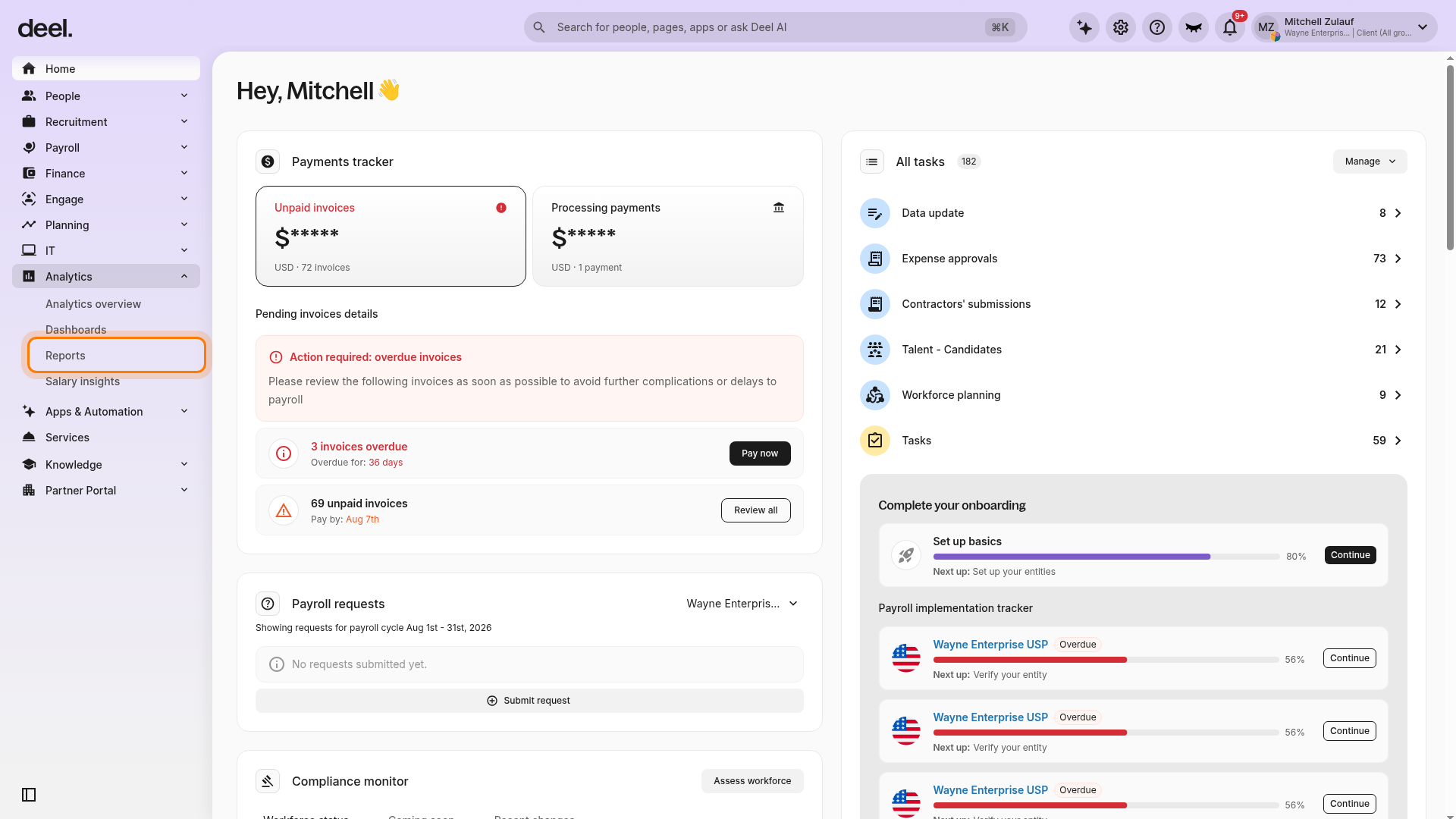 Analytics expanded with the Reports menu item highlighted
