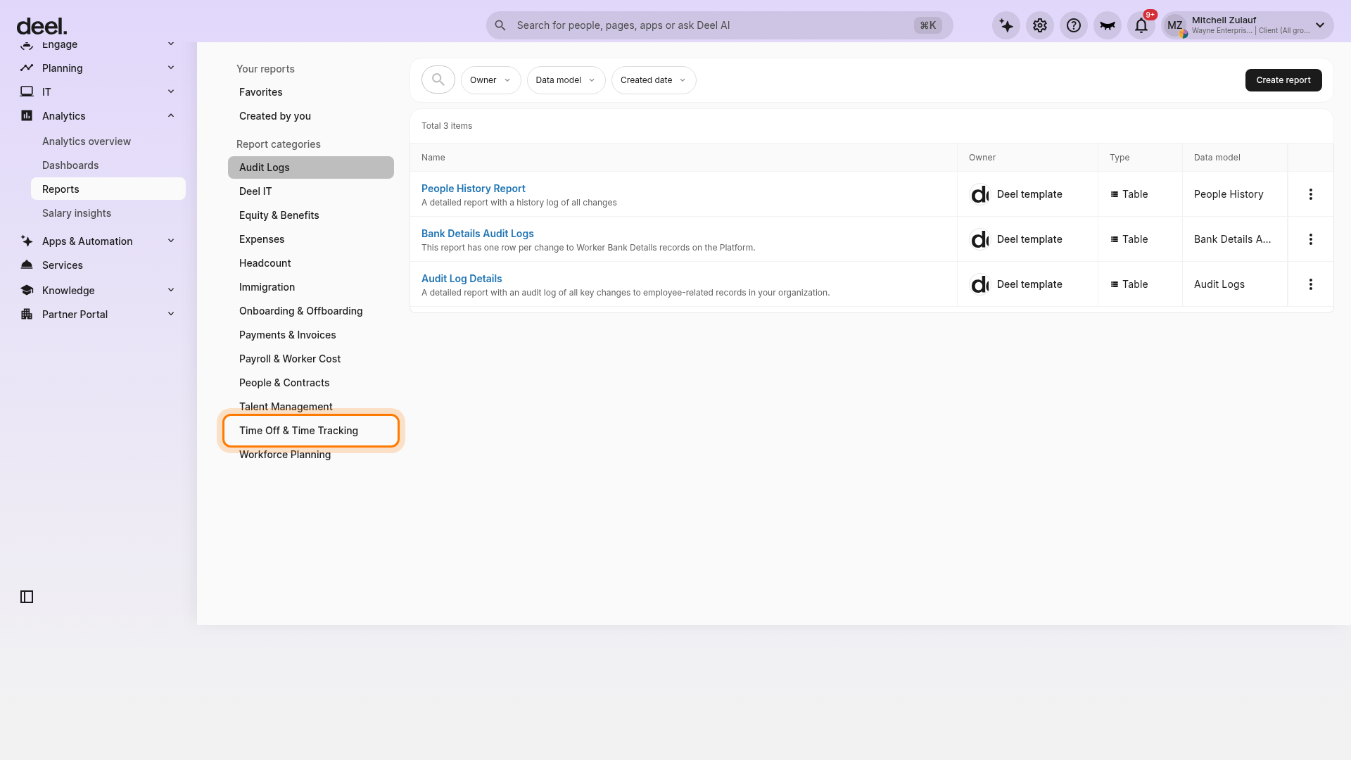 Reports page showing the Time Off & Time Tracking category in the Report categories list