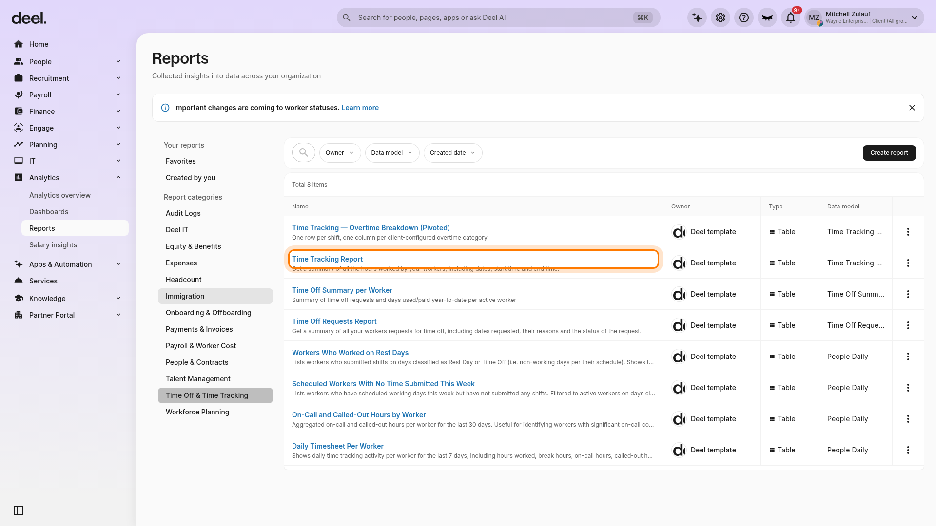 Time Off & Time Tracking selected with the Time Tracking Report row highlighted in the report list