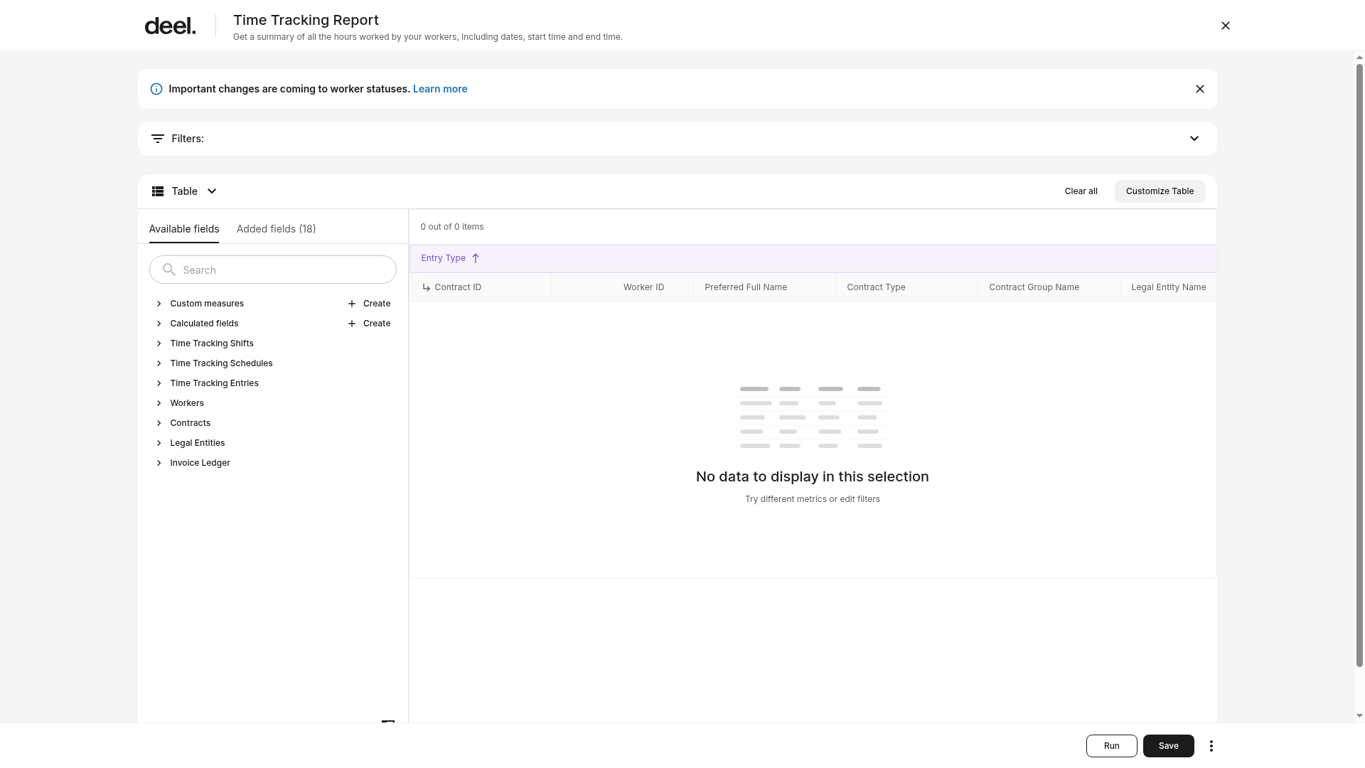 Loaded Time Tracking Report editor with Filters, table customization controls, available fields, Run, and Save