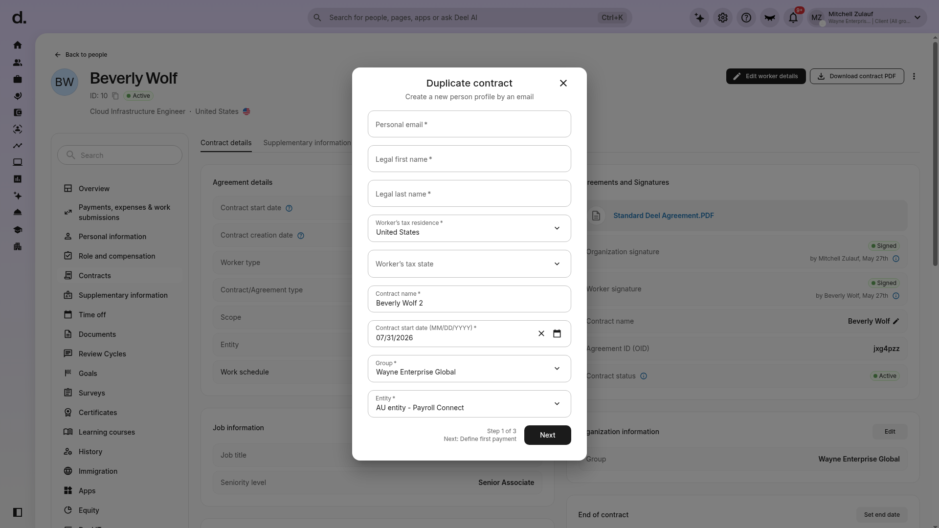Duplicate contract modal for creating a new profile