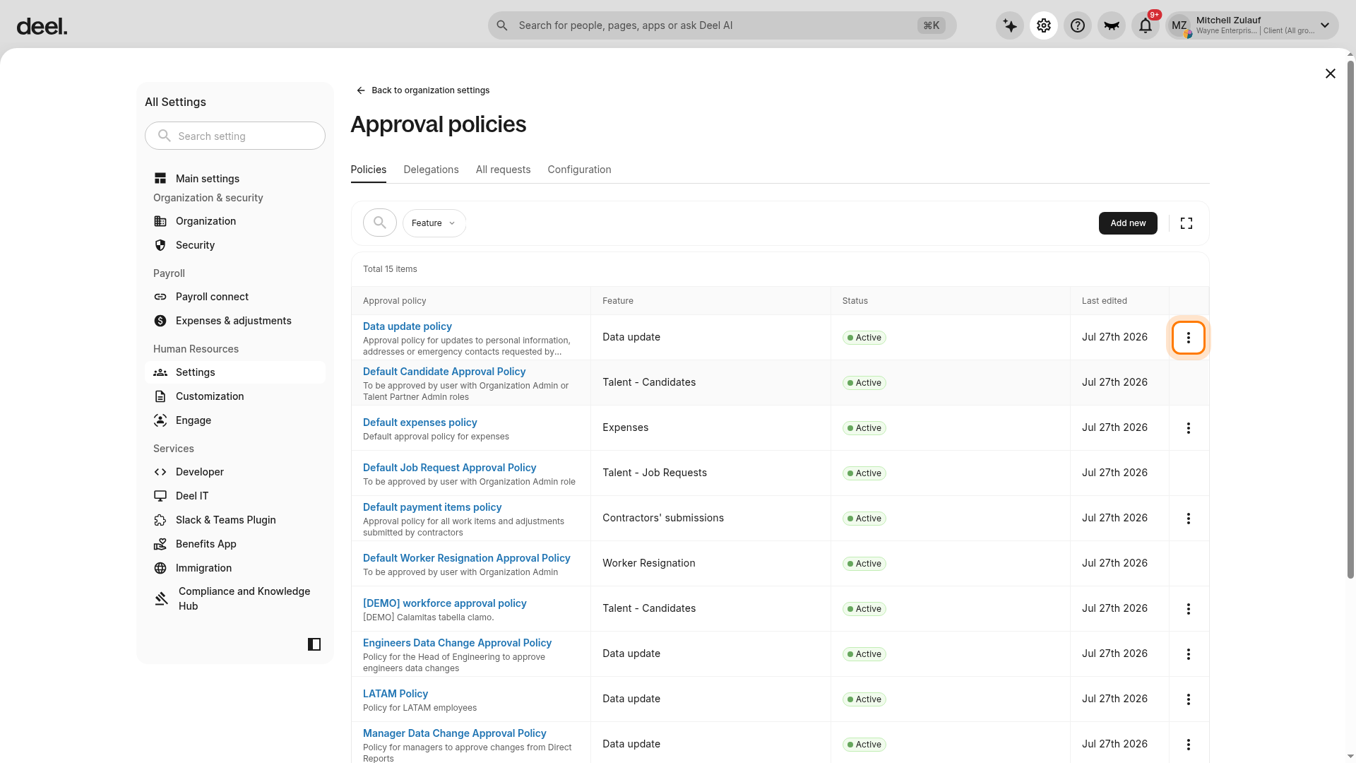 Three-dot menu for an approval policy