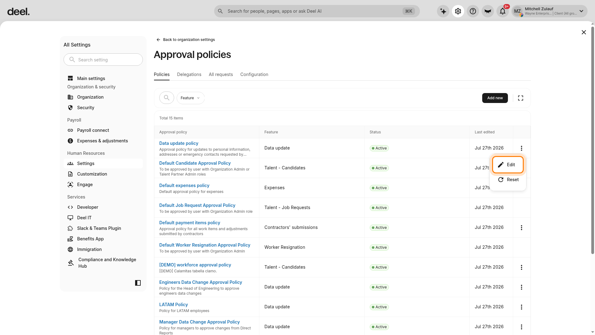 Edit action in the approval policy menu