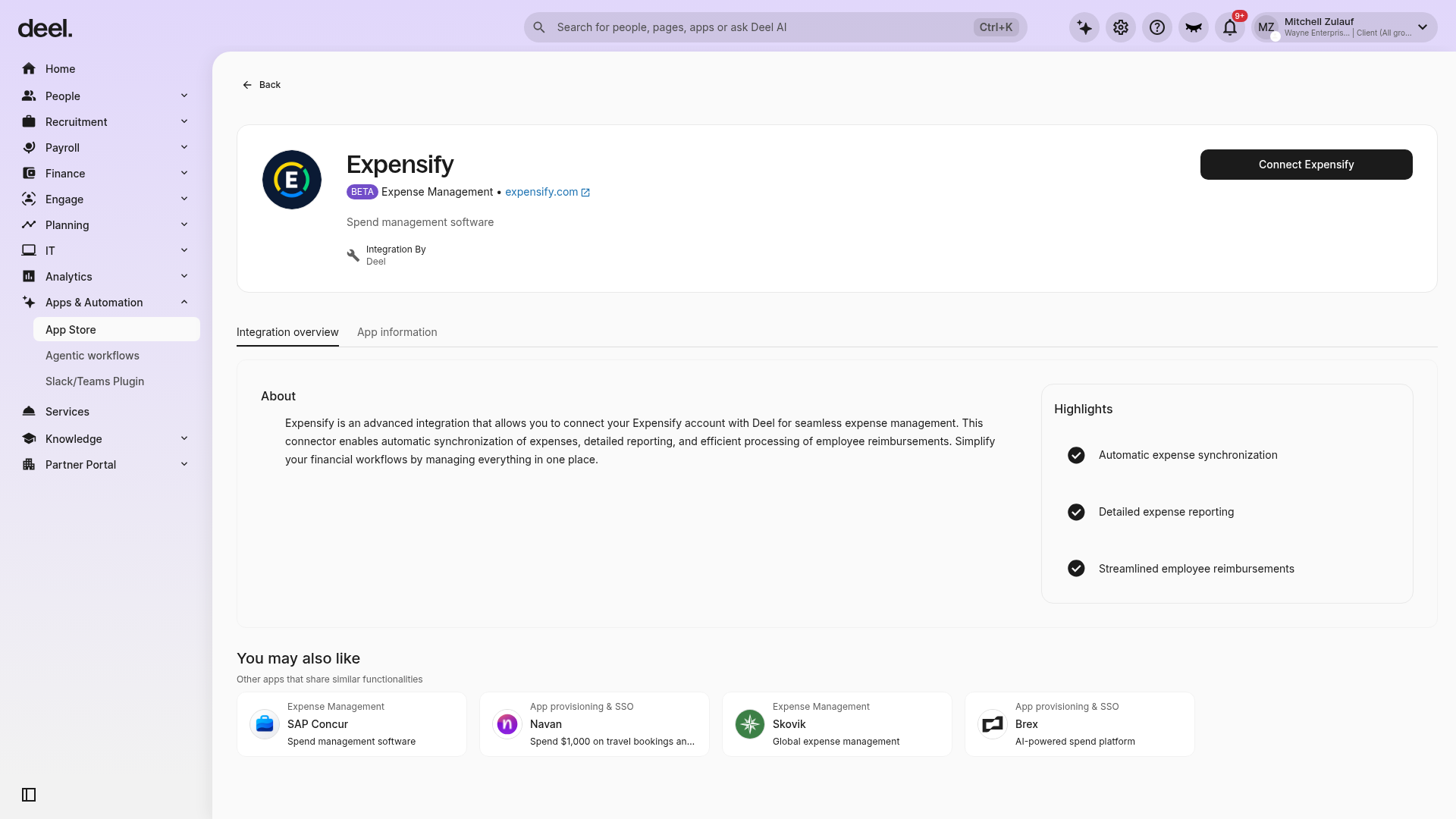 Expensify integration page