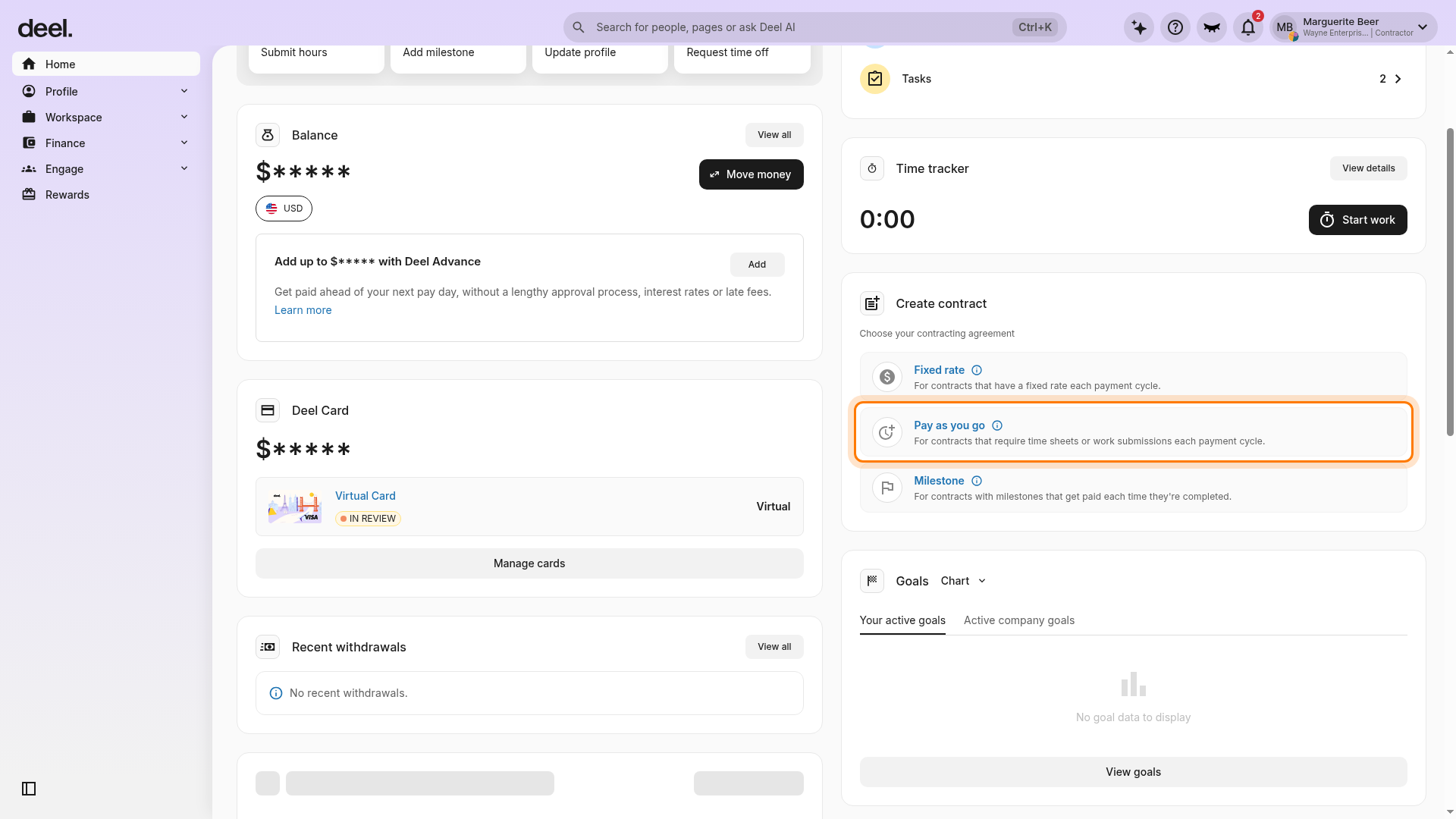 Create contract card with Pay as you go option