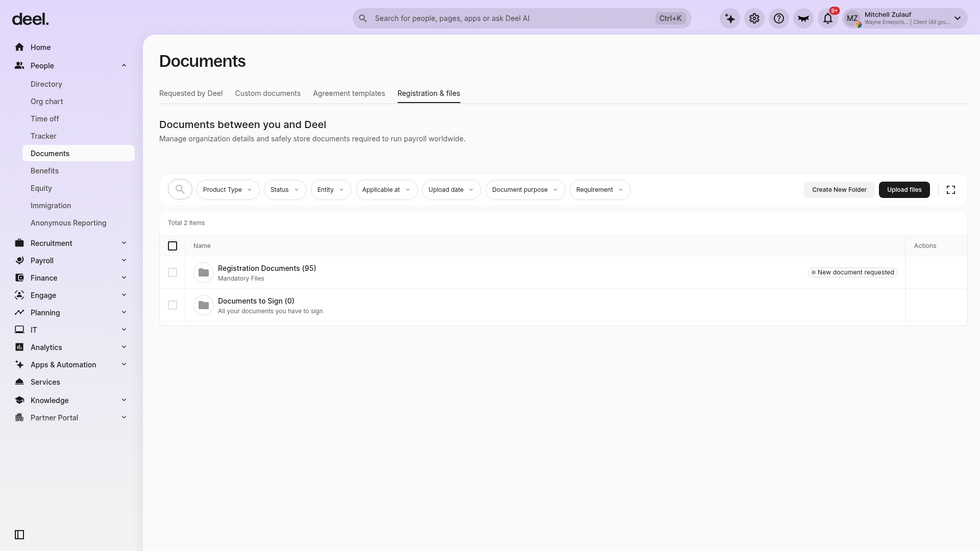 Registration and files tab