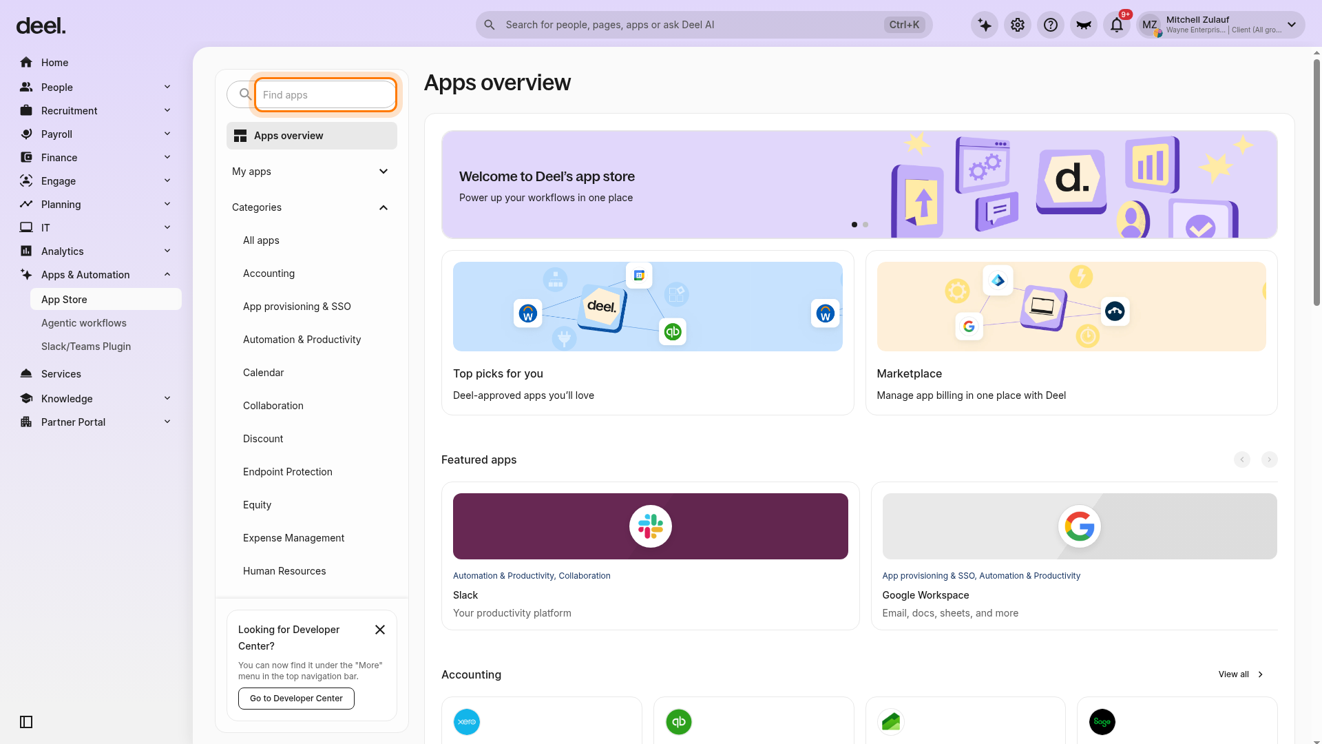 Deel Apps & Automation menu