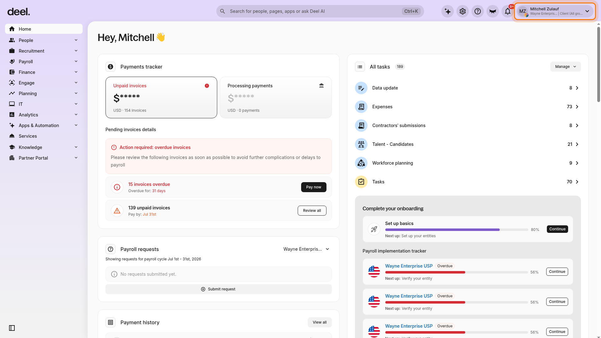 Account menu in Deel