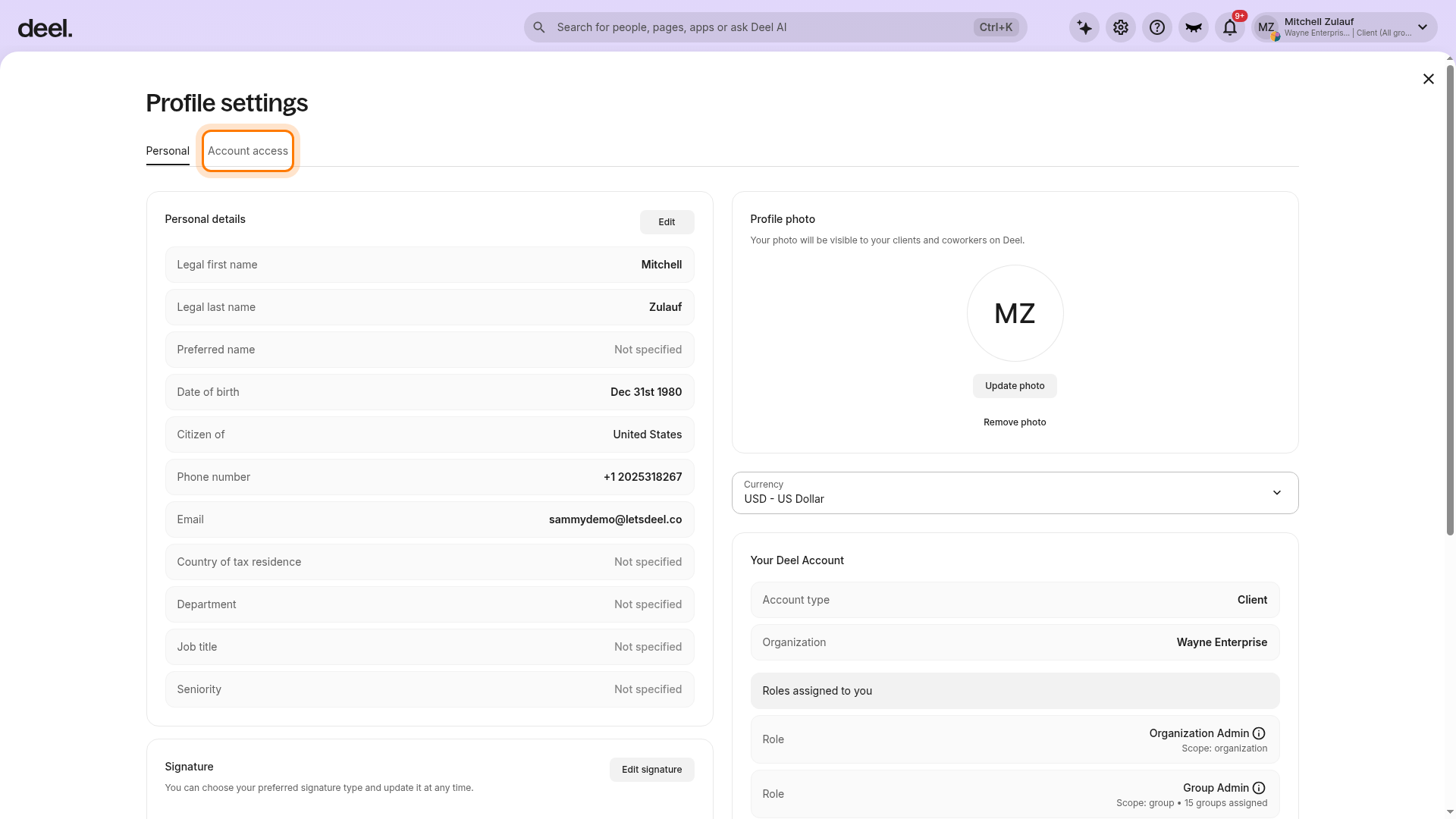 Account access tab