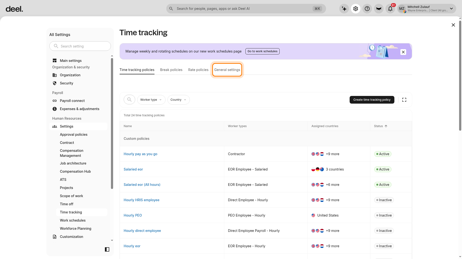 Time tracking page with the General settings tab highlighted