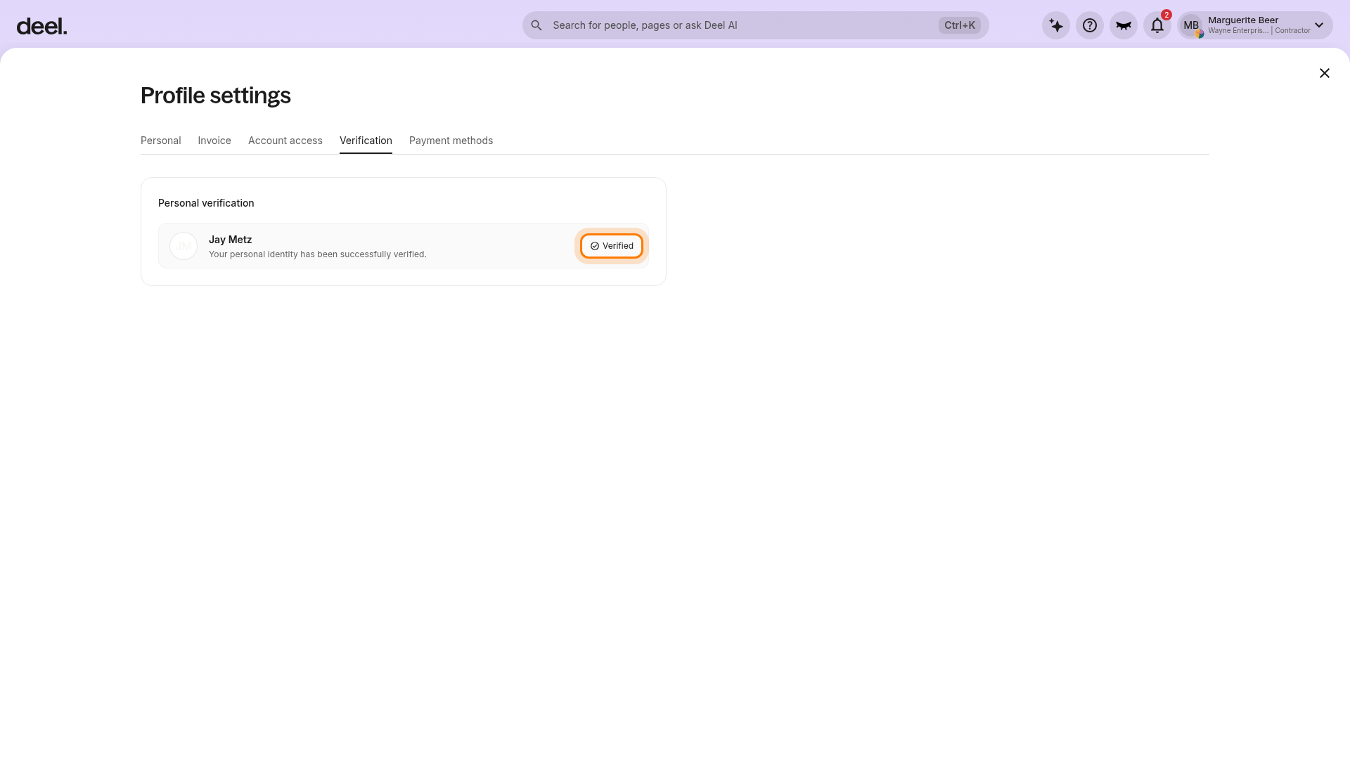 Personal verification record in the Verification tab