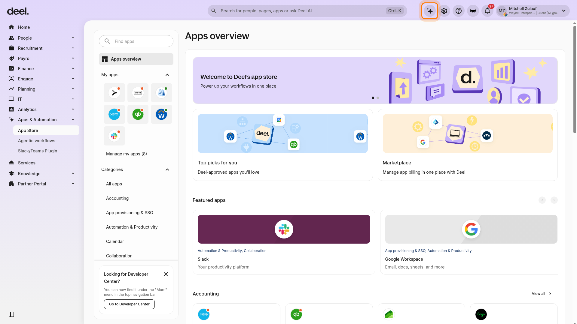 Apps overview page